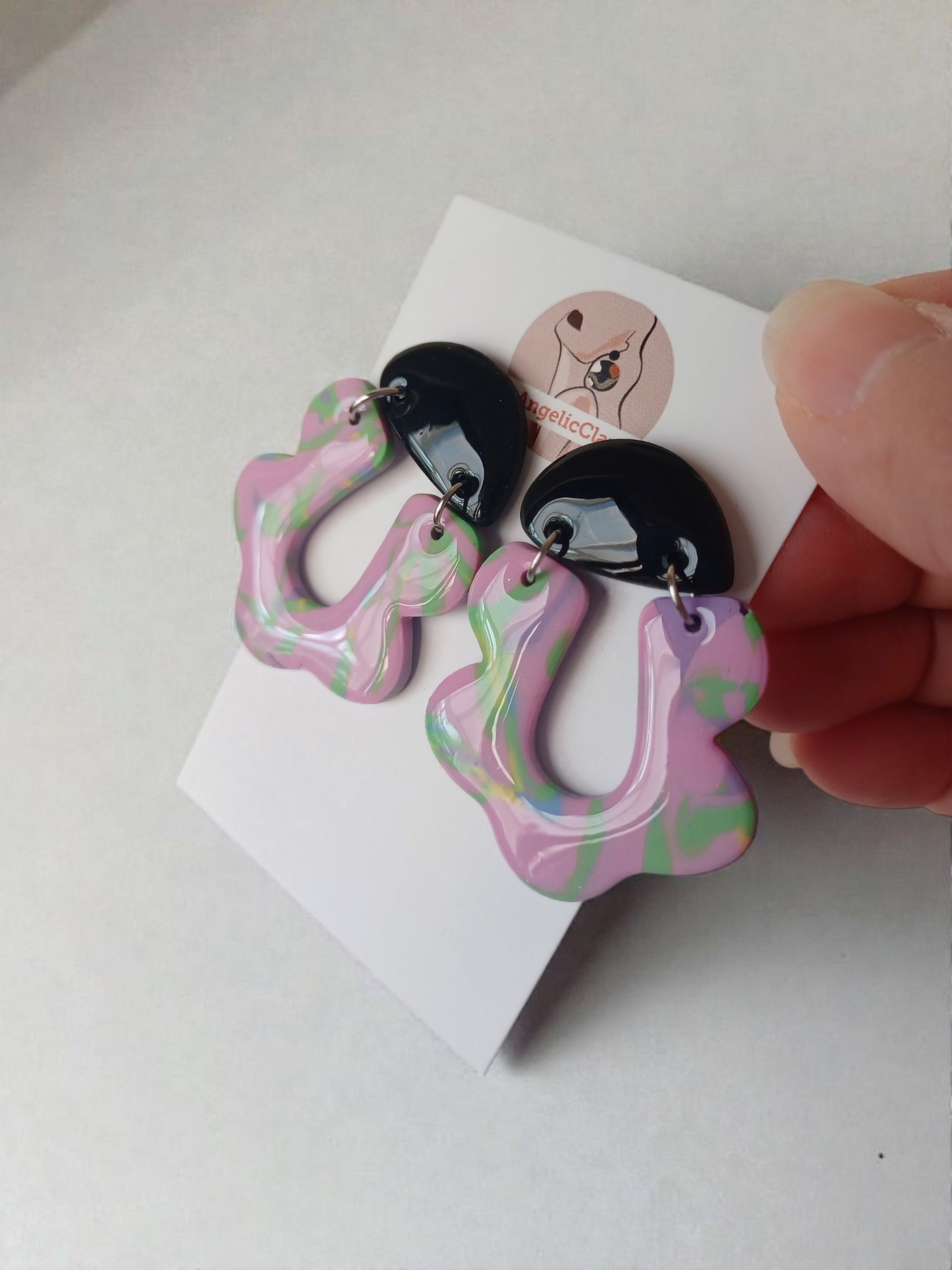 Handmade Polymer Clay Earrings | Black Top Pastel Abstract Dangles | Resin Statement Jewelry