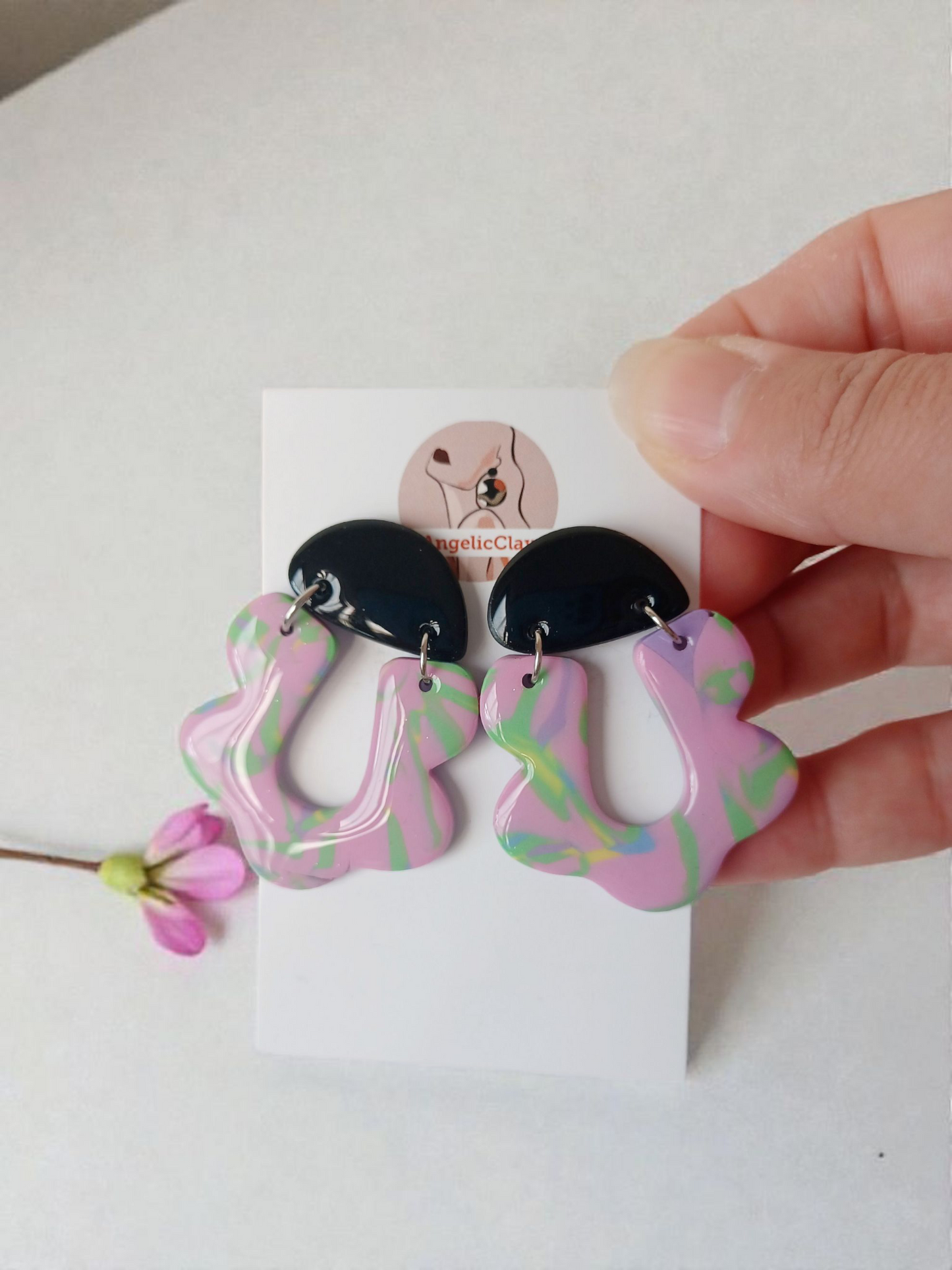 Handmade Polymer Clay Earrings | Black Top Pastel Abstract Dangles | Resin Statement Jewelry