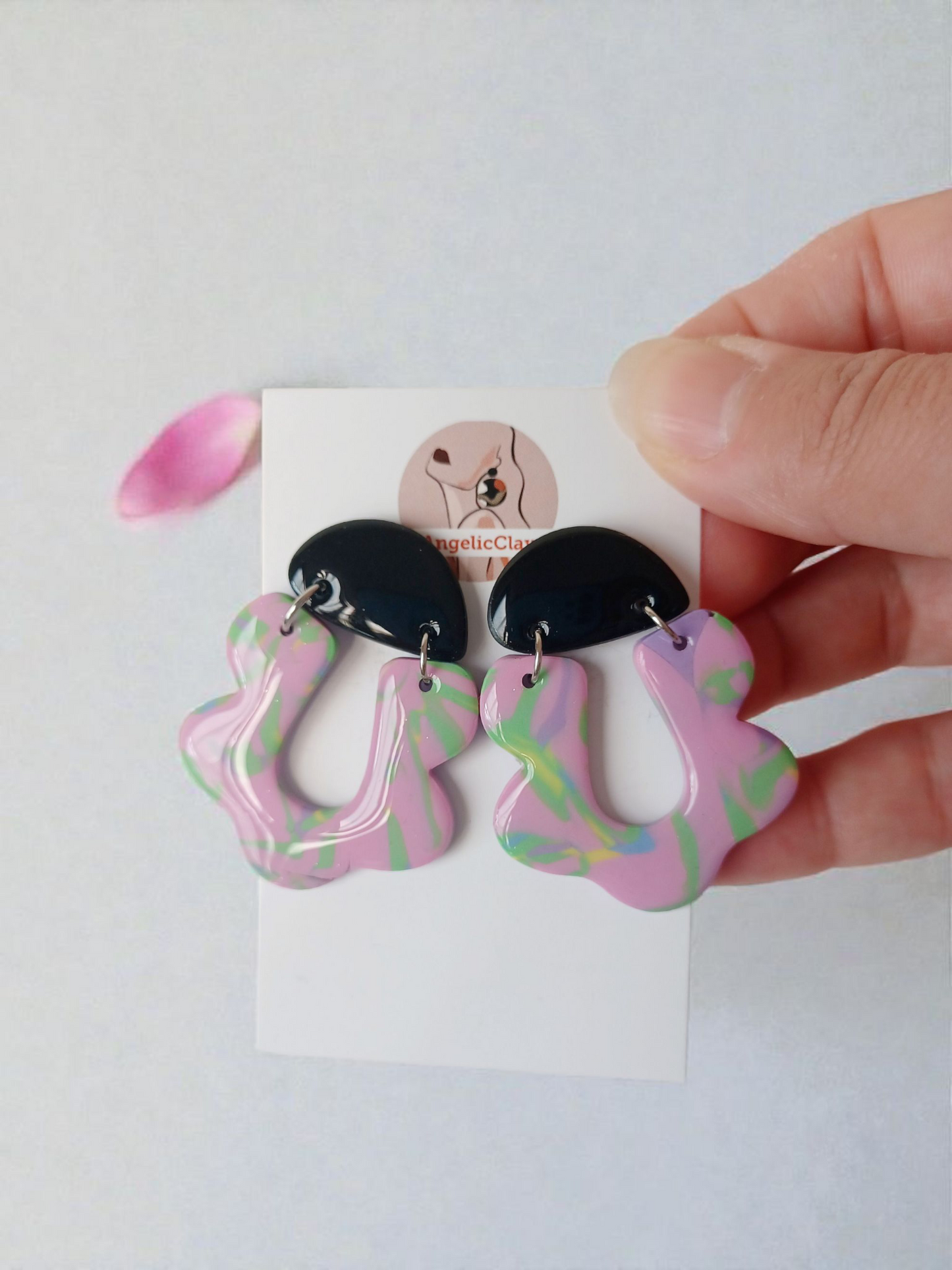 Handmade Polymer Clay Earrings | Black Top Pastel Abstract Dangles | Resin Statement Jewelry