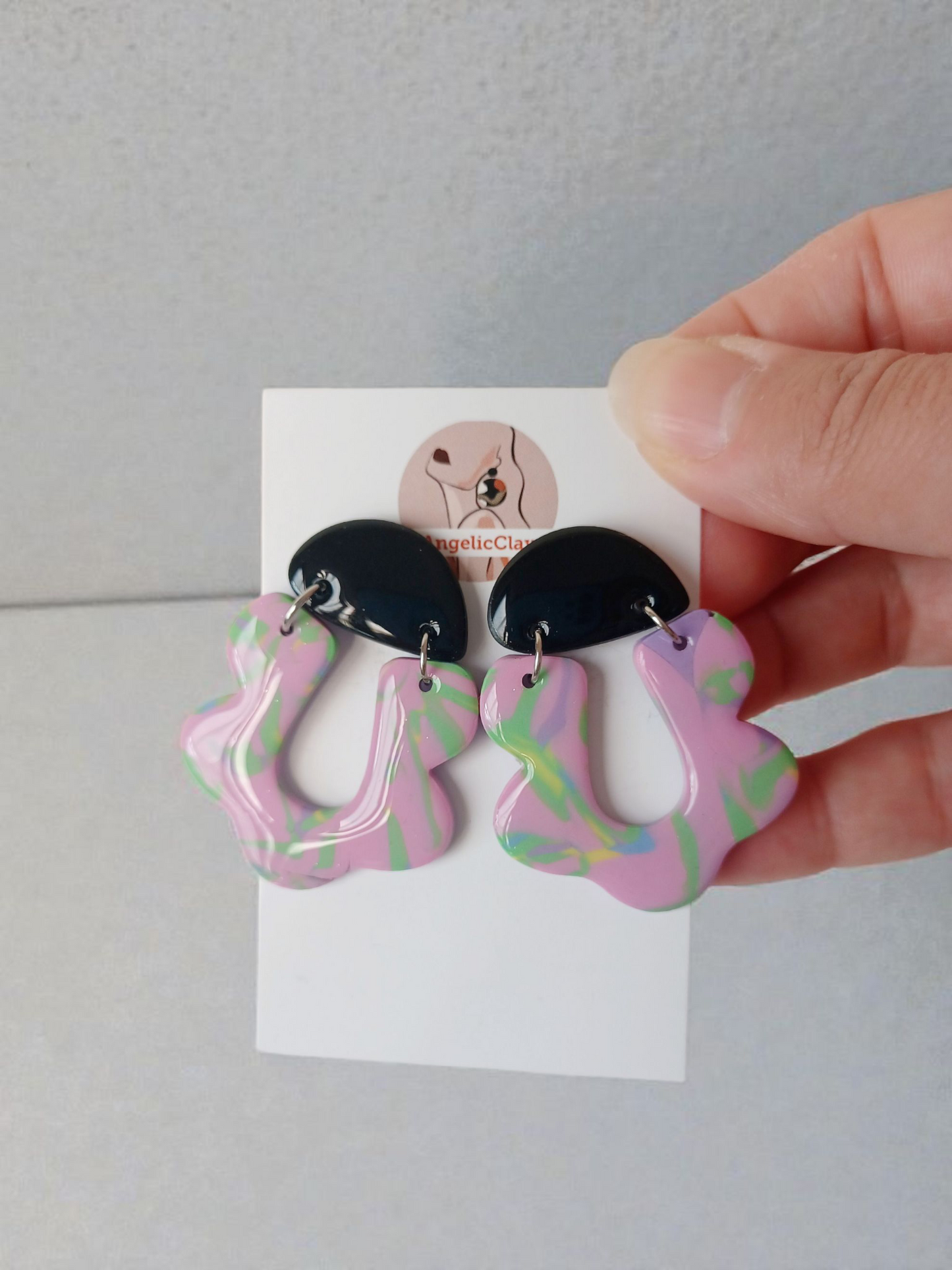 Handmade Polymer Clay Earrings | Black Top Pastel Abstract Dangles | Resin Statement Jewelry