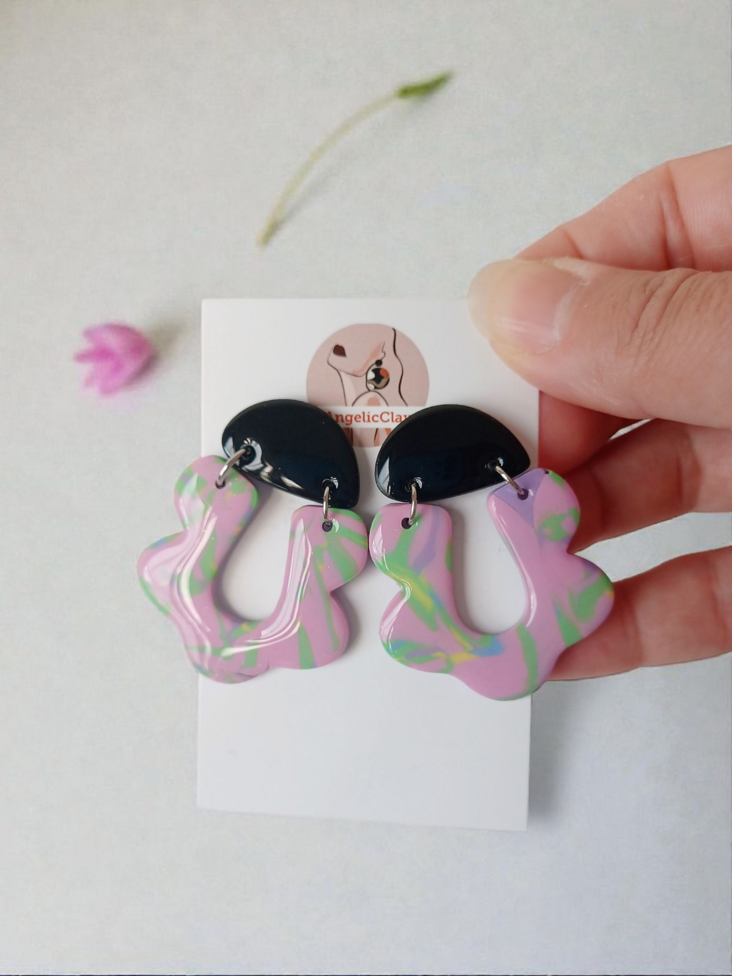 Handmade Polymer Clay Earrings | Black Top Pastel Abstract Dangles | Resin Statement Jewelry