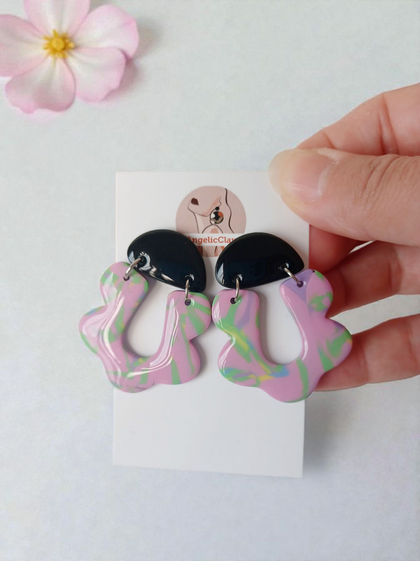 Handmade Polymer Clay Earrings | Black Top Pastel Abstract Dangles | Resin Statement Jewelry