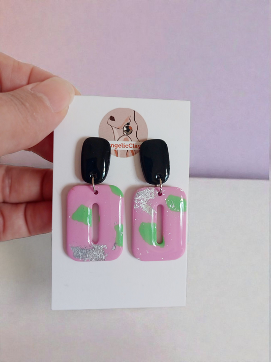 Handmade Polymer Clay Earrings | Pink Green Silver Foil Cut-Out Dangles | Resin Statement Jewelry