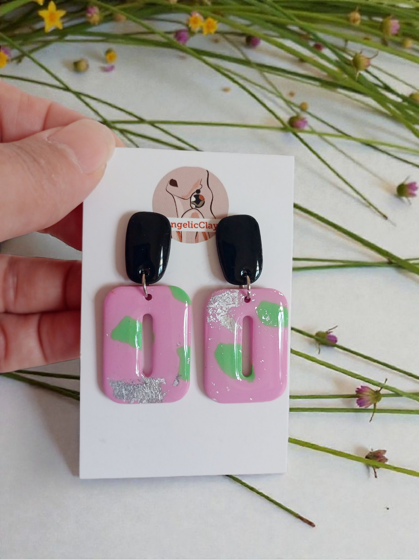 Handmade Polymer Clay Earrings | Pink Green Silver Foil Cut-Out Dangles | Resin Statement Jewelry
