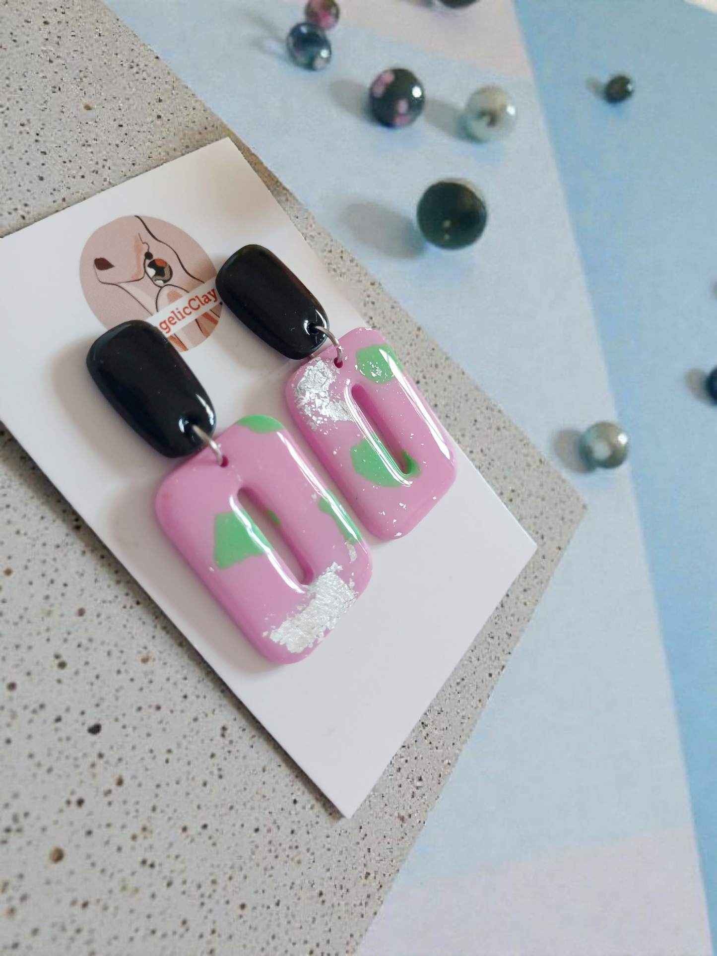 Handmade Polymer Clay Earrings | Pink Green Silver Foil Cut-Out Dangles | Resin Statement Jewelry