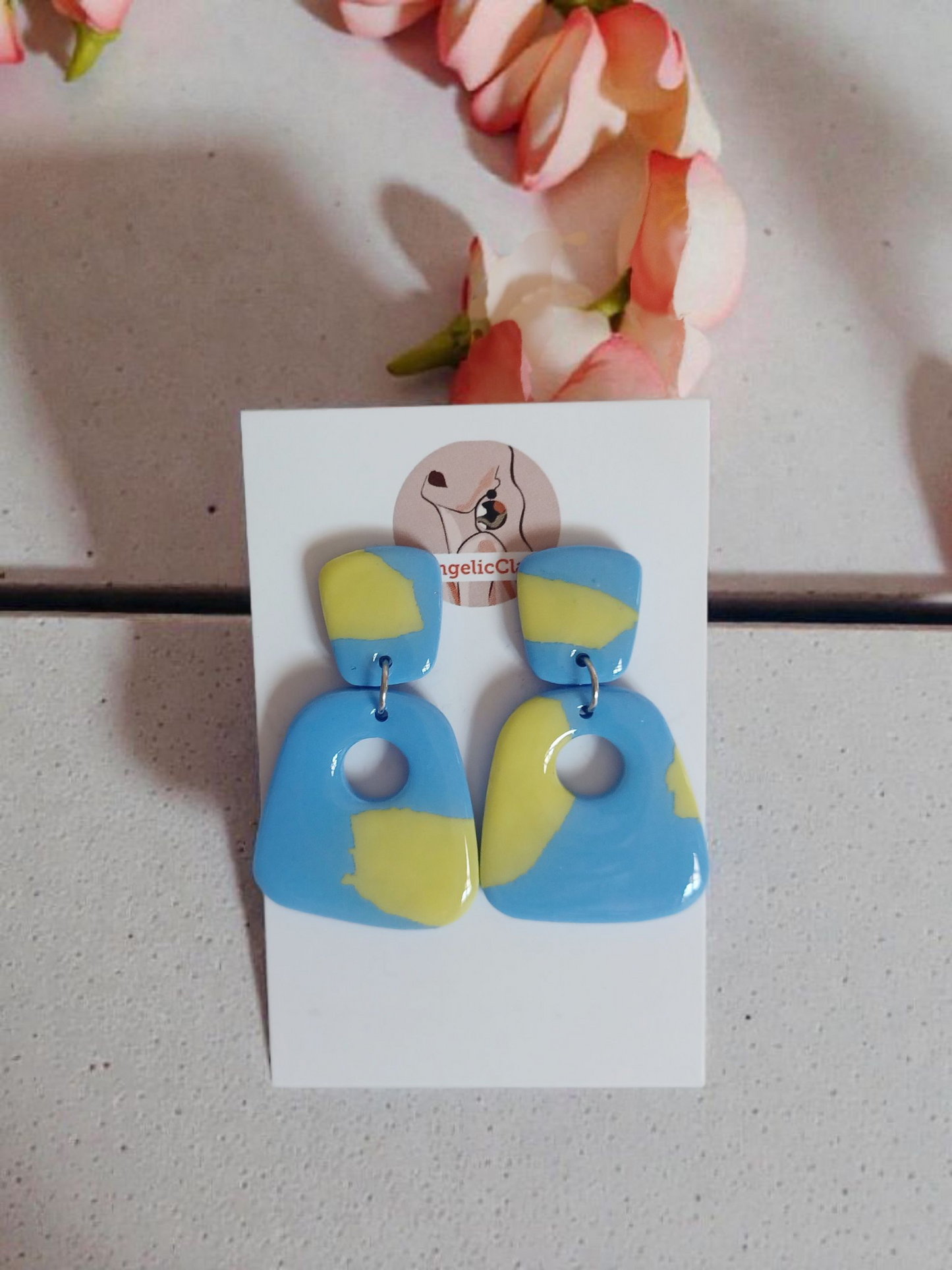 Handmade Polymer Clay Earrings | Blue Yellow Cut-Out Retro Dangles | Resin Gloss Jewelry