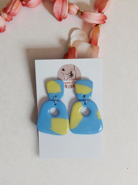 Handmade Polymer Clay Earrings | Blue Yellow Cut-Out Retro Dangles | Resin Gloss Jewelry