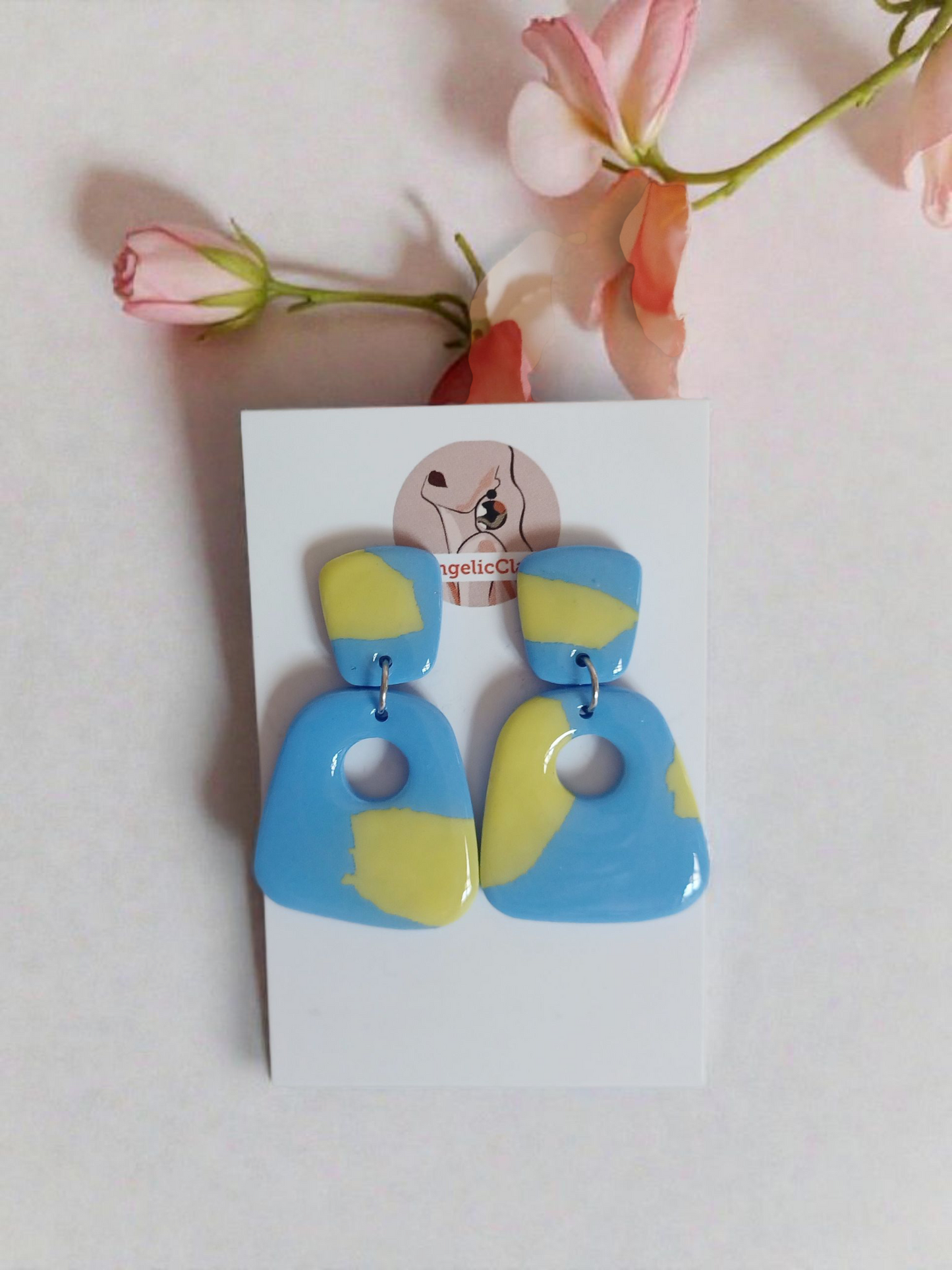 Handmade Polymer Clay Earrings | Blue Yellow Cut-Out Retro Dangles | Resin Gloss Jewelry