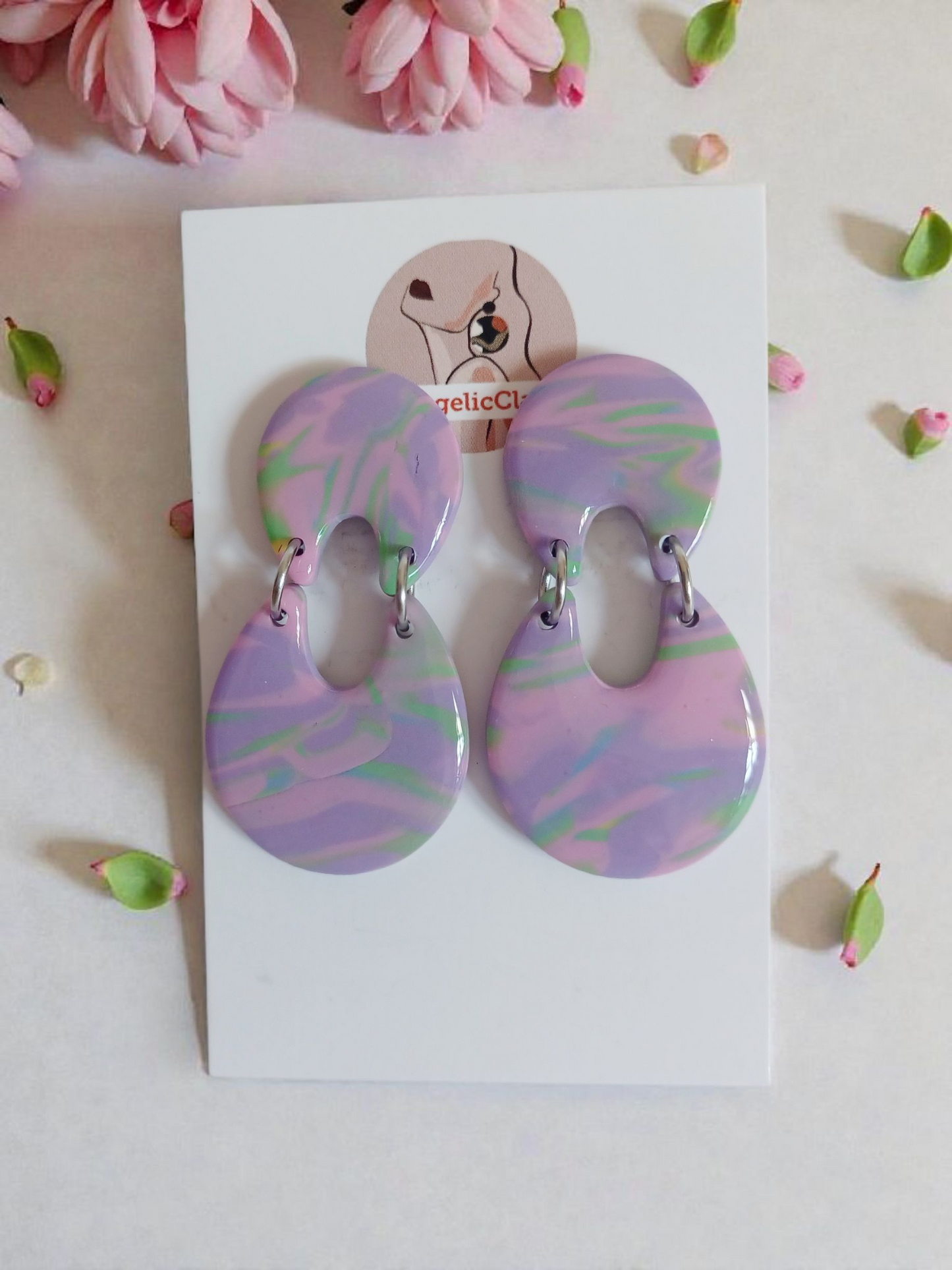 Handmade Marbled Polymer Clay Earrings | Pastel Double Drop Dangles | Resin Coated Jewelry