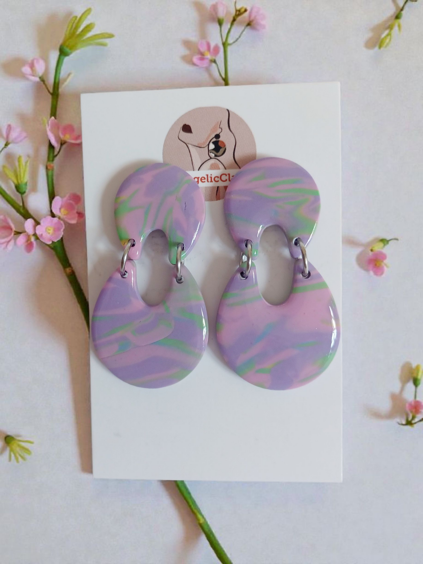 Handmade Marbled Polymer Clay Earrings | Pastel Double Drop Dangles | Resin Coated Jewelry