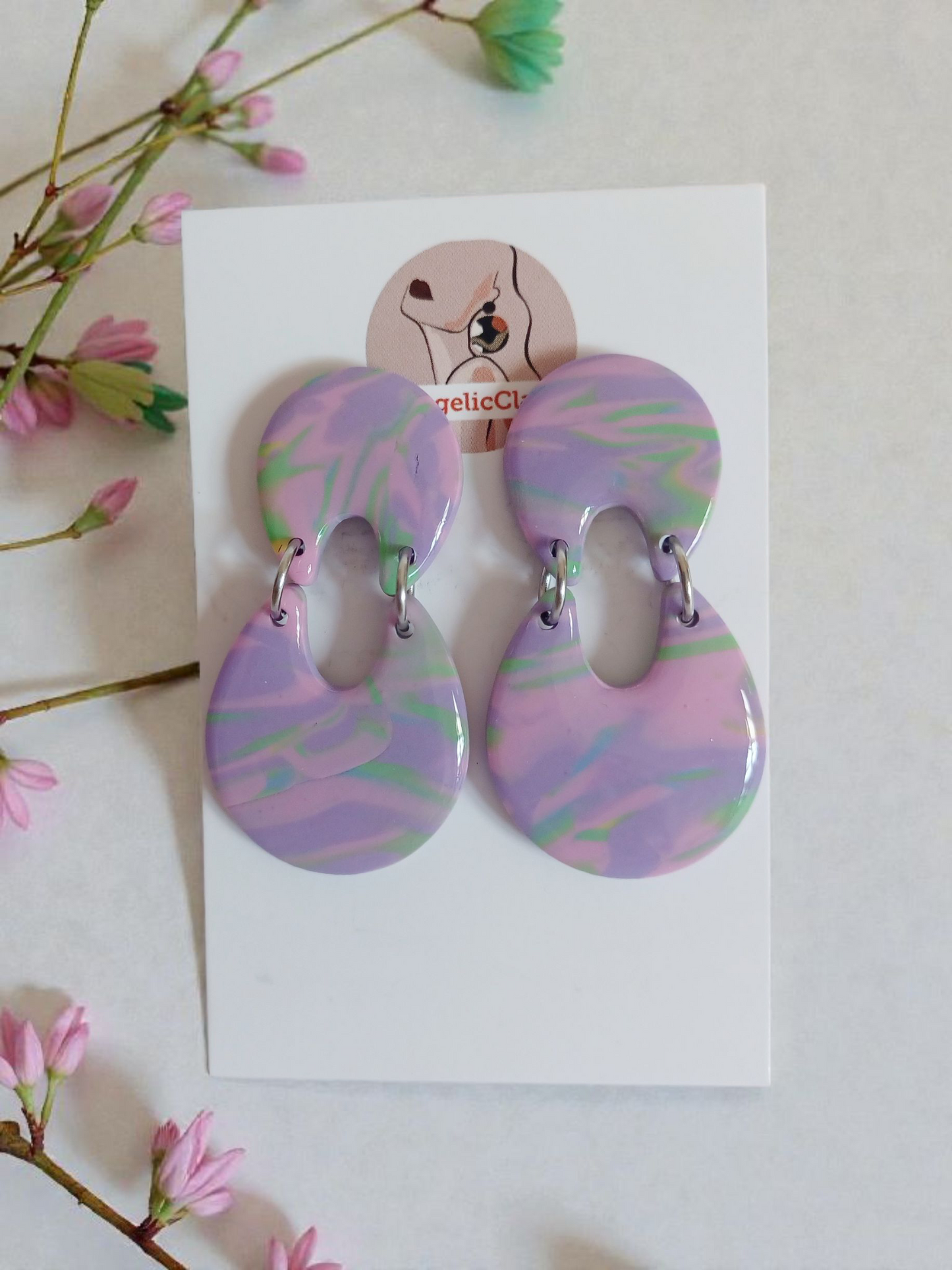 Handmade Marbled Polymer Clay Earrings | Pastel Double Drop Dangles | Resin Coated Jewelry