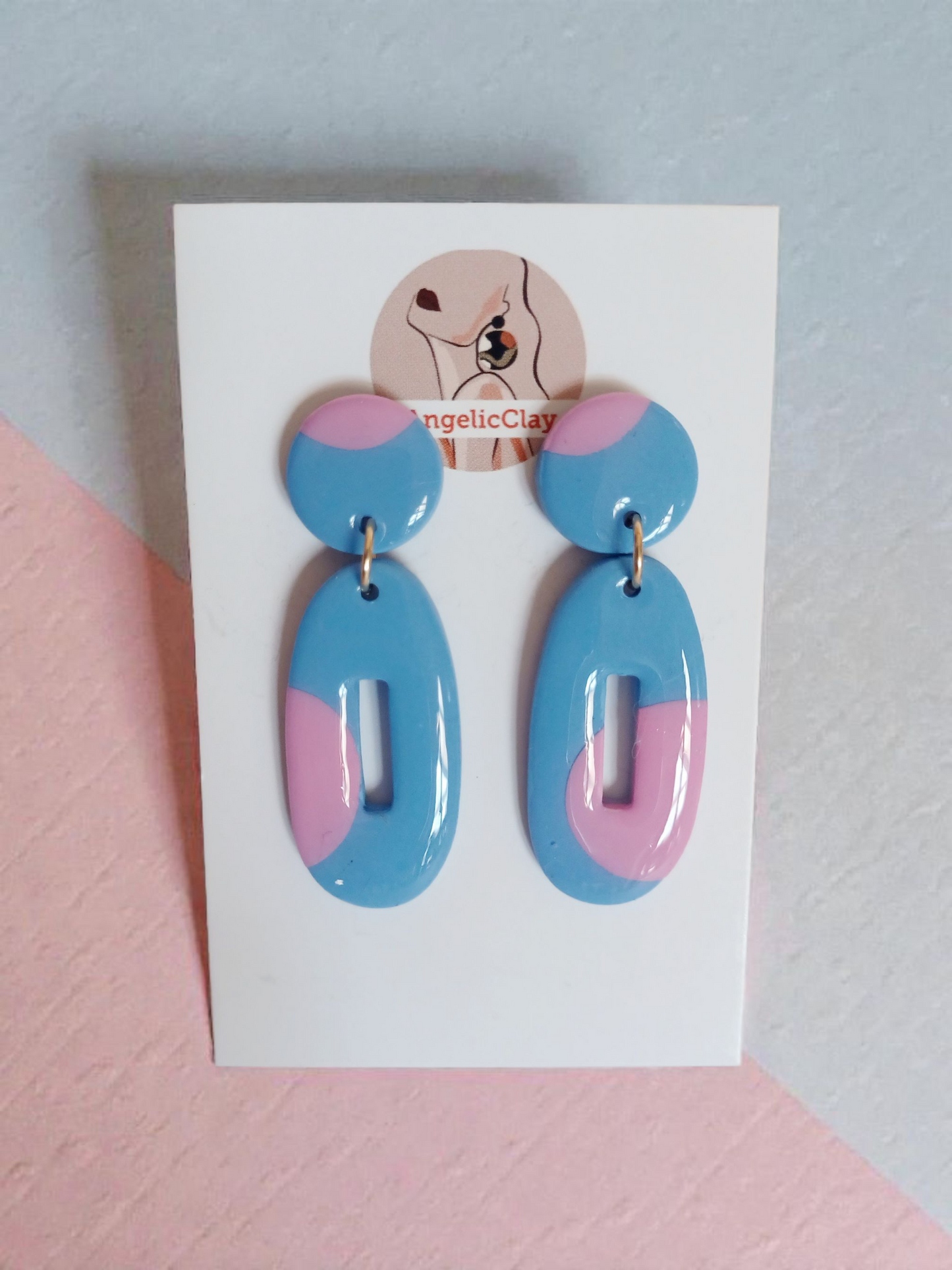 Handmade Polymer Clay Earrings | Blue Pink Oval Cut-Out Statement Dangles | Resin Coated