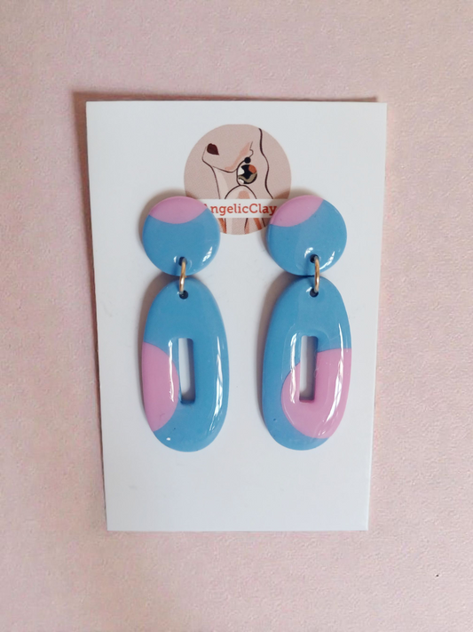 Handmade Polymer Clay Earrings | Blue Pink Oval Cut-Out Statement Dangles | Resin Coated