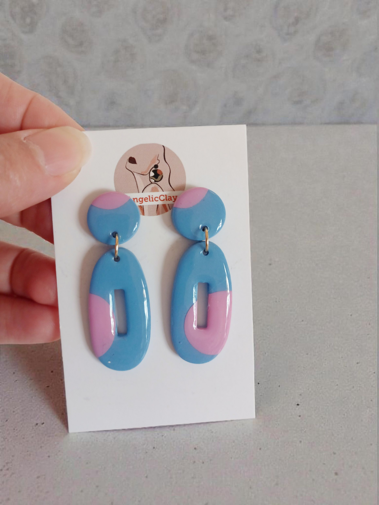 Handmade Polymer Clay Earrings | Blue Pink Oval Cut-Out Statement Dangles | Resin Coated