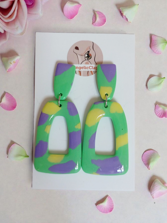 Handmade Polymer Clay Earrings | Green Yellow Lilac Abstract Dangles | Resin Coated Statement Jewelry