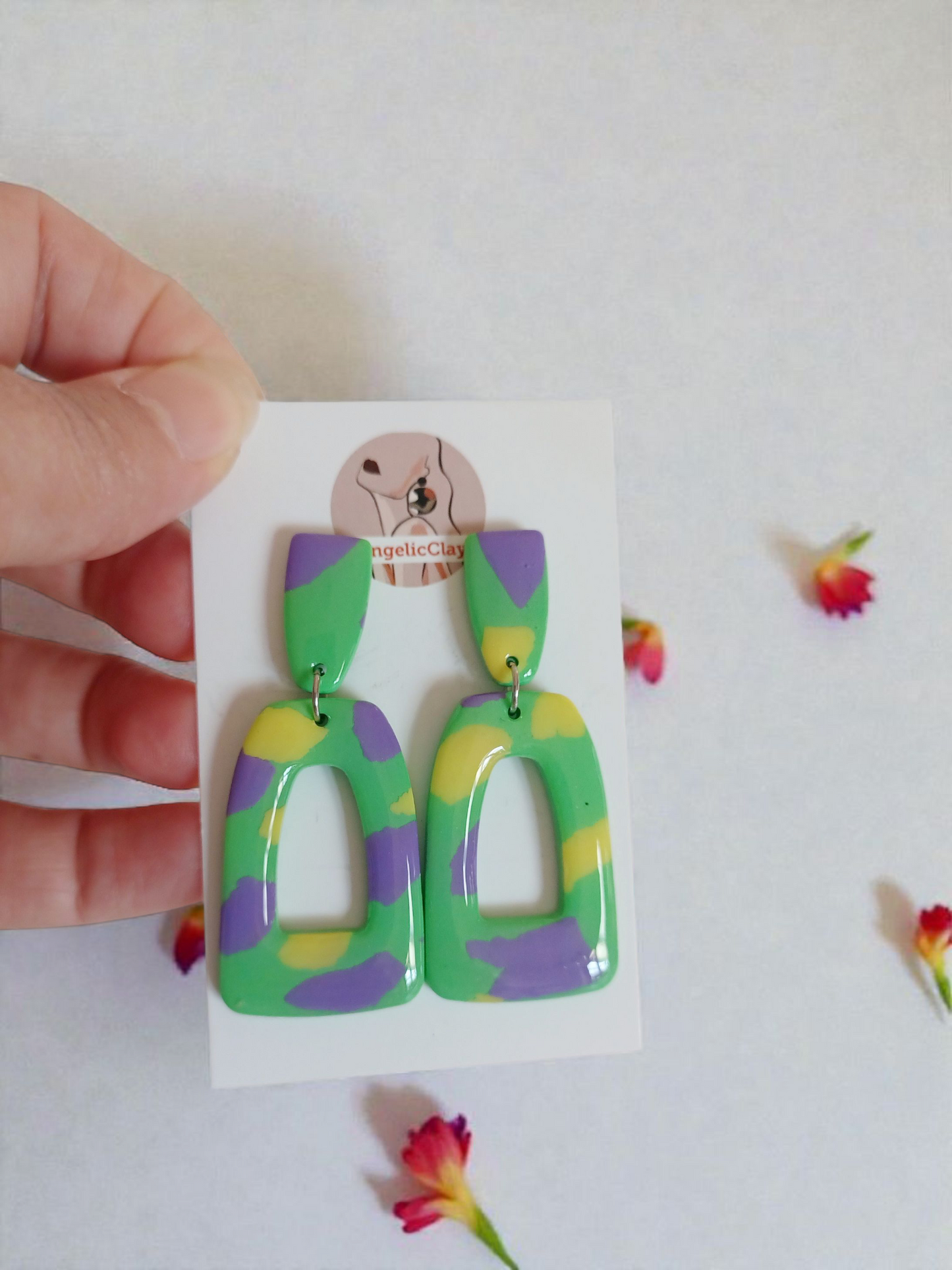 Handmade Polymer Clay Earrings | Green Yellow Lilac Abstract Dangles | Resin Coated Statement Jewelry