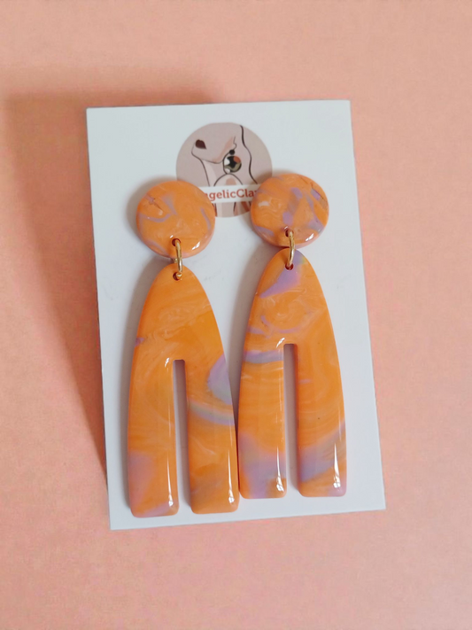 Handmade Orange & Lilac Polymer Clay Earrings | Marbled Long Dangles | Resin Coated Statement