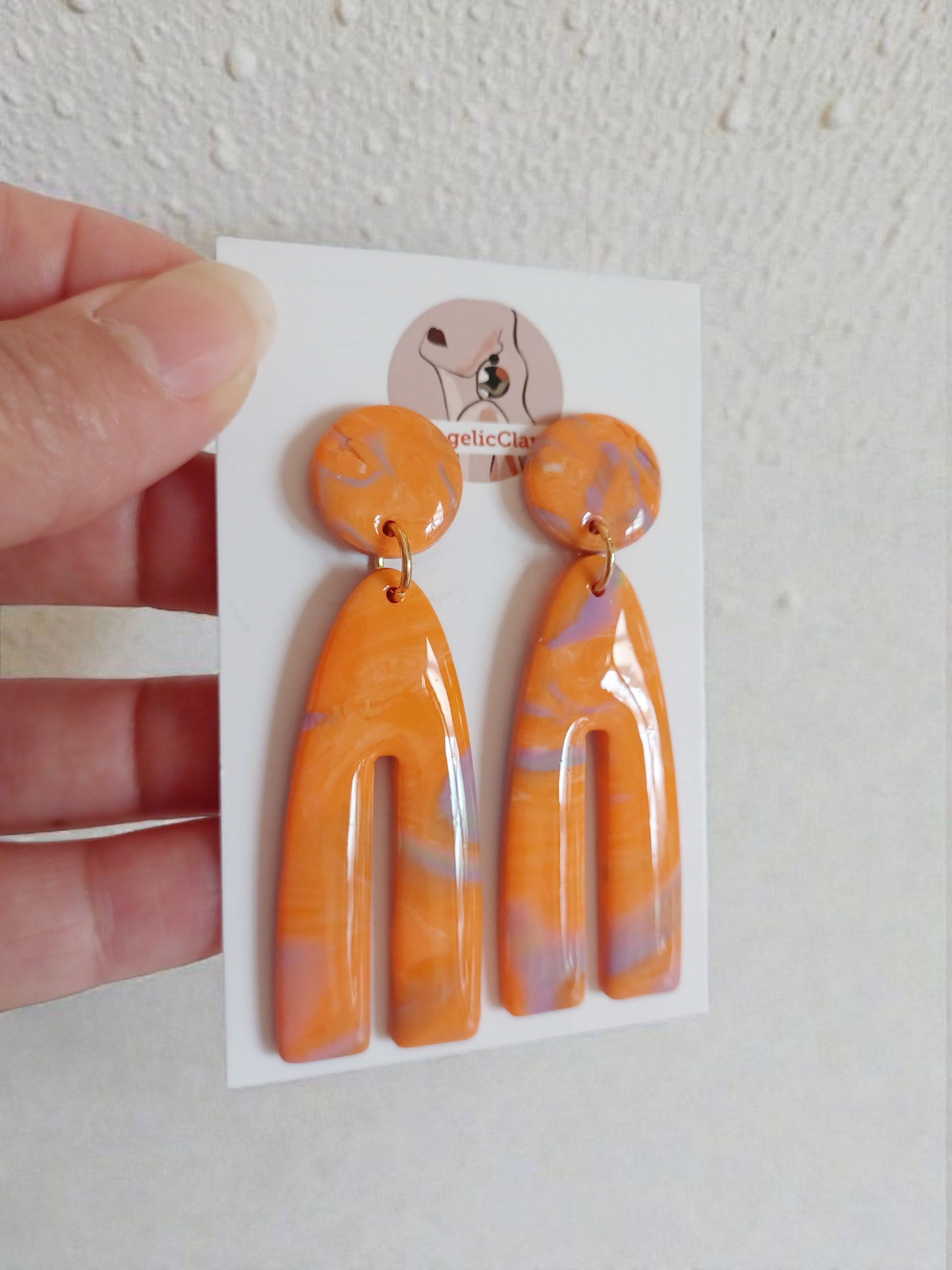 Handmade Orange & Lilac Polymer Clay Earrings | Marbled Long Dangles | Resin Coated Statement