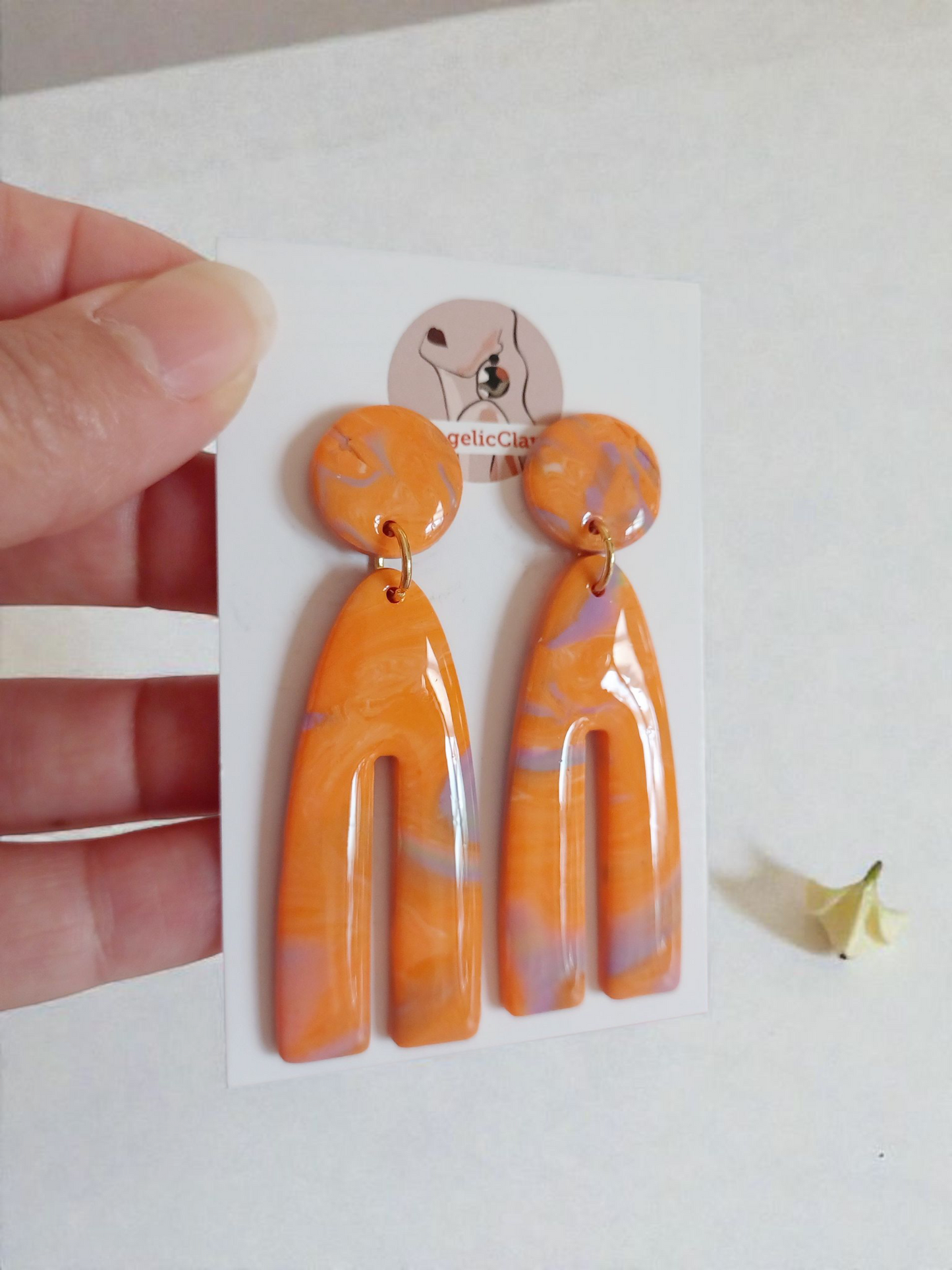 Handmade Orange & Lilac Polymer Clay Earrings | Marbled Long Dangles | Resin Coated Statement
