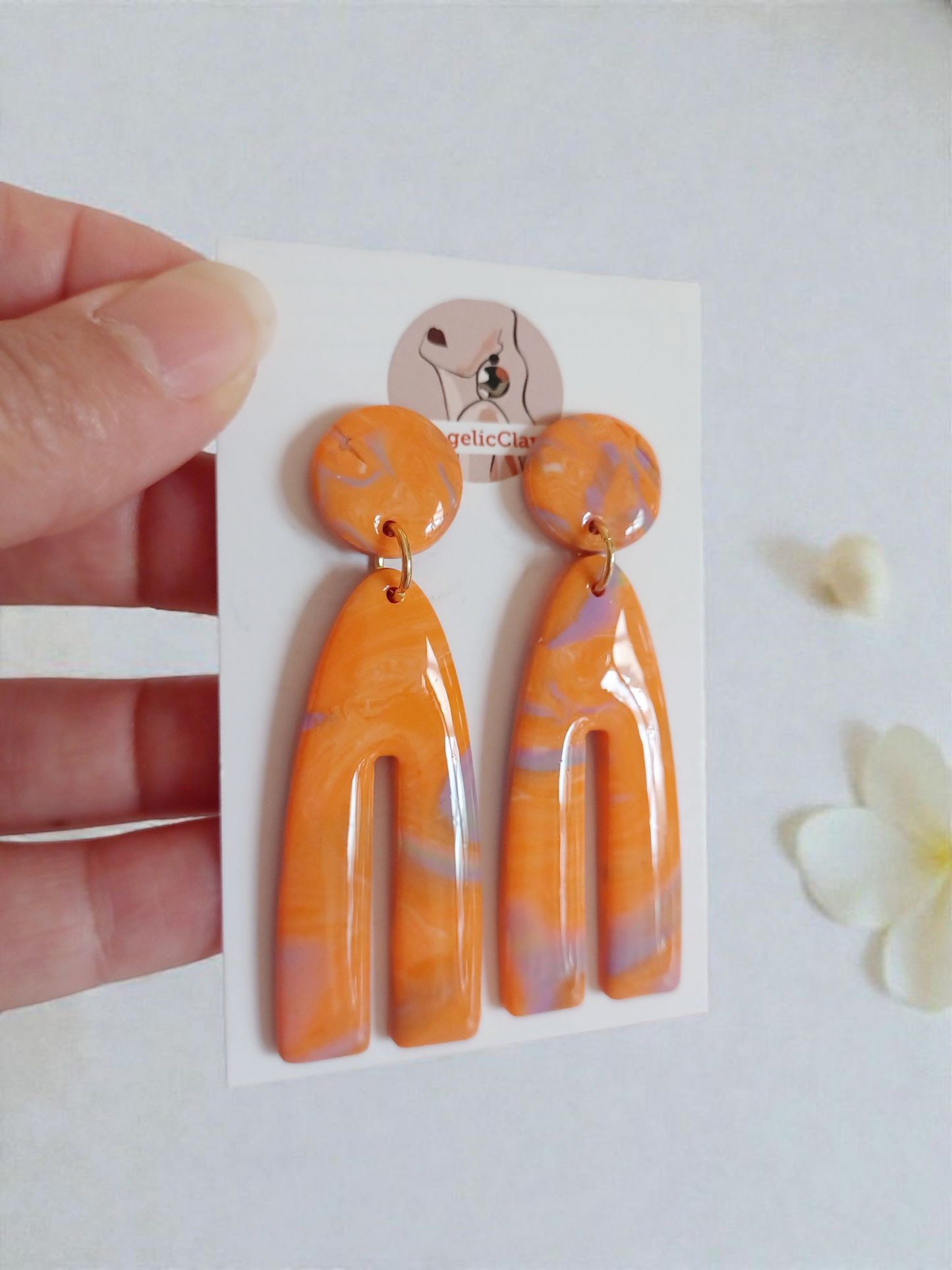 Handmade Orange & Lilac Polymer Clay Earrings | Marbled Long Dangles | Resin Coated Statement