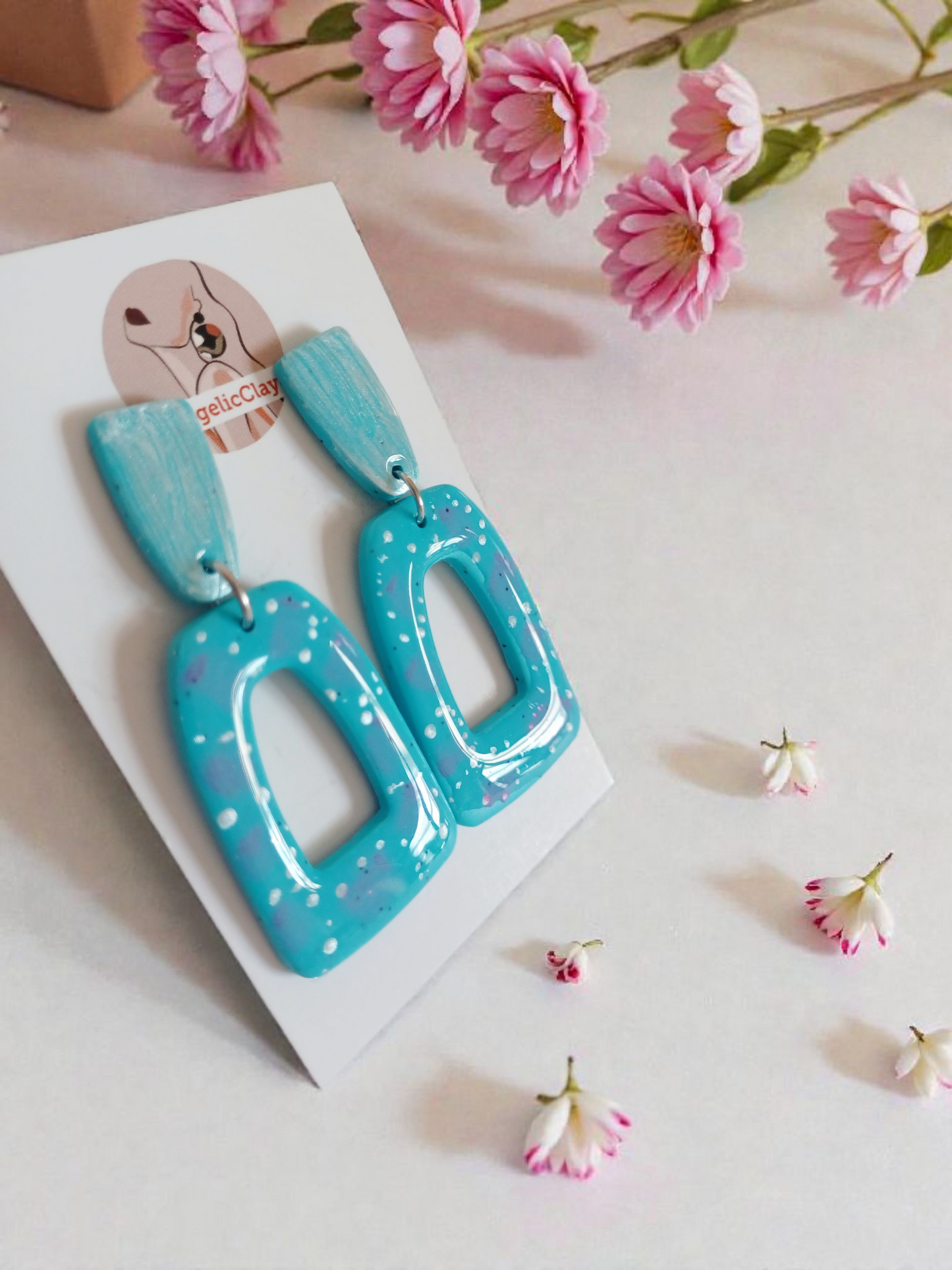 Handmade Turquoise Polymer Clay Earrings | Speckled Cut-Out Dangles | Resin Gloss Statement Jewelry