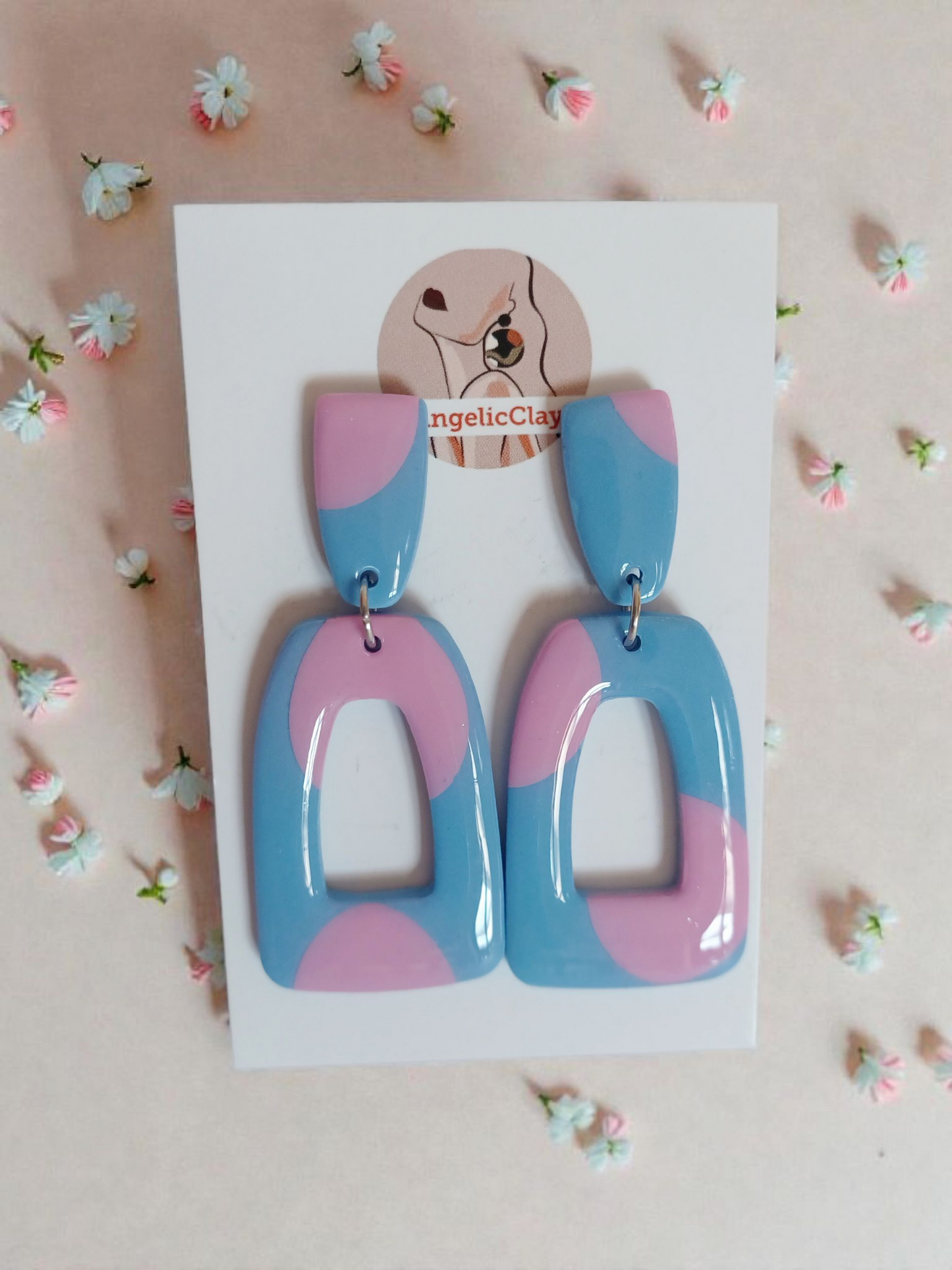 Handmade Blue & Pink Polymer Clay Earrings | Geometric Cut-Out Statement Dangles | Resin Coated