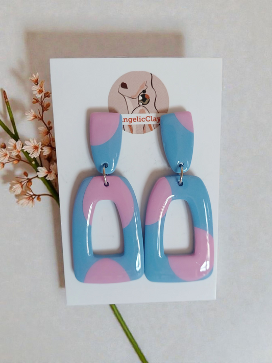 Handmade Blue & Pink Polymer Clay Earrings | Geometric Cut-Out Statement Dangles | Resin Coated