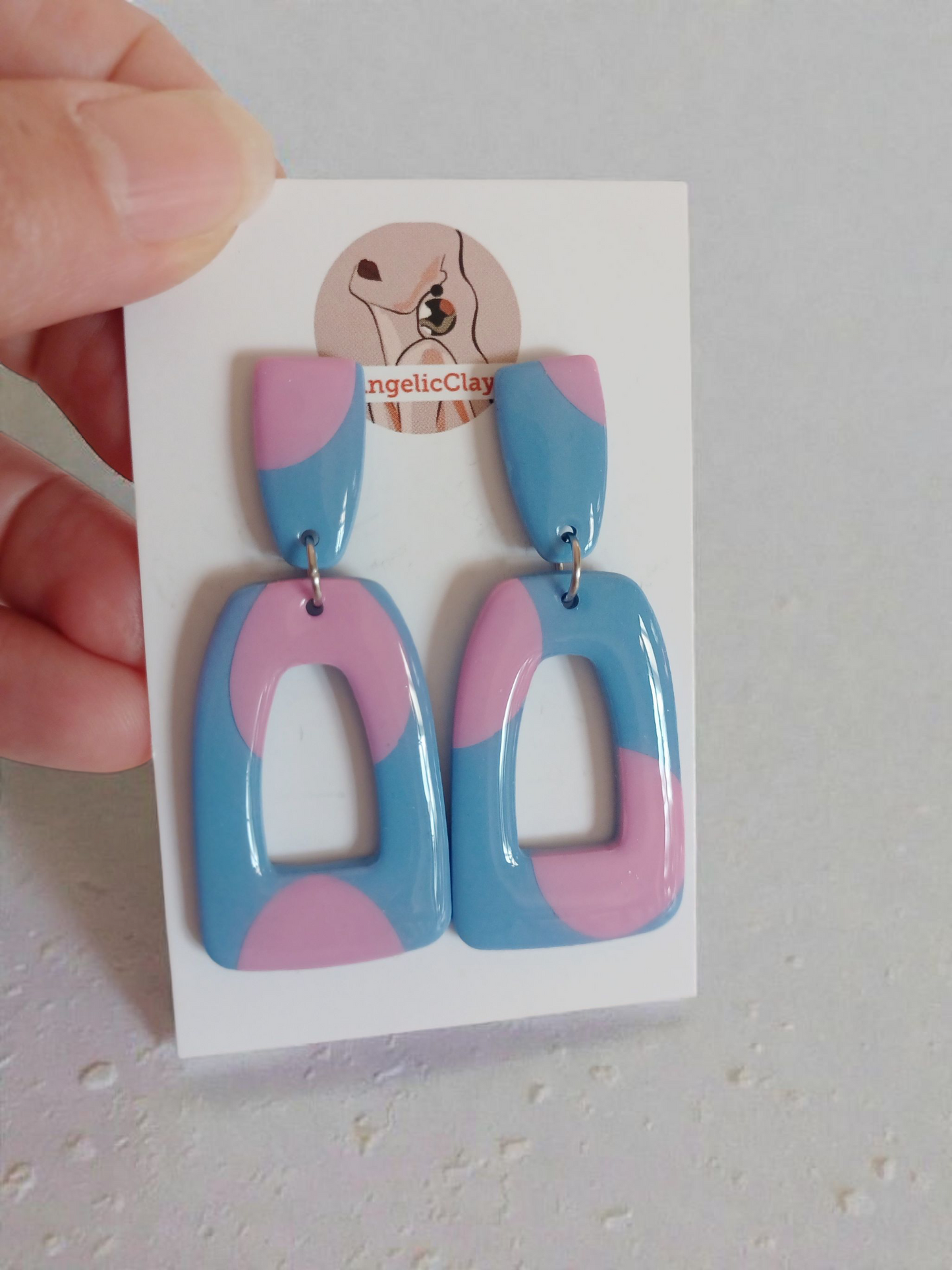 Handmade Blue & Pink Polymer Clay Earrings | Geometric Cut-Out Statement Dangles | Resin Coated