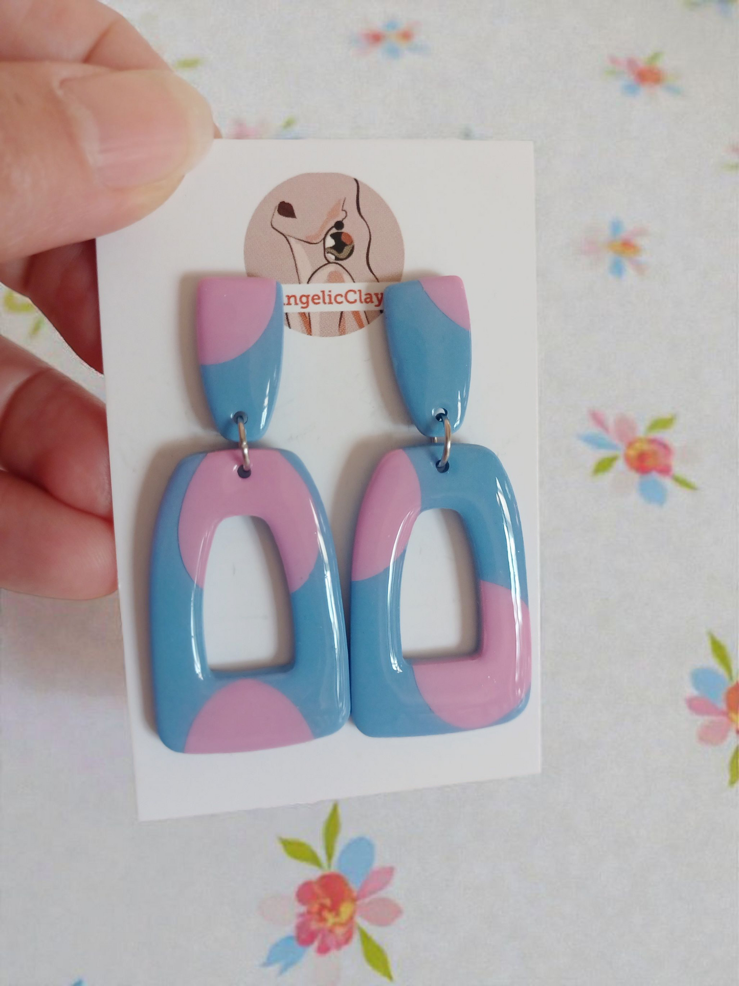 Handmade Blue & Pink Polymer Clay Earrings | Geometric Cut-Out Statement Dangles | Resin Coated