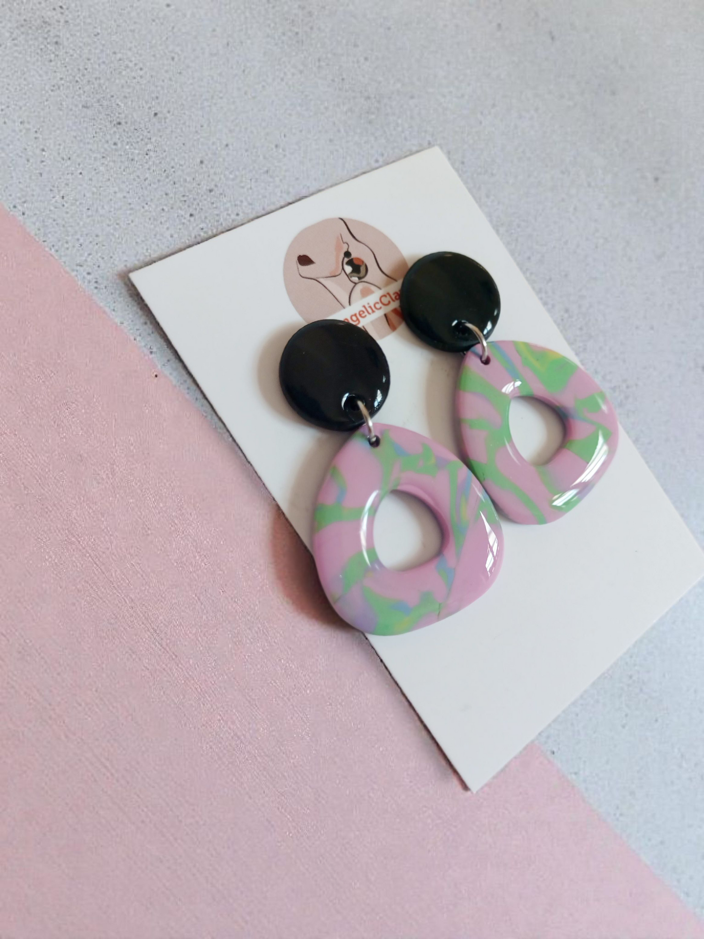 Handmade Polymer Clay Earrings | Black & Pink-Green Marbled Teardrop Dangles | Resin Coated | Irish Jewelry
