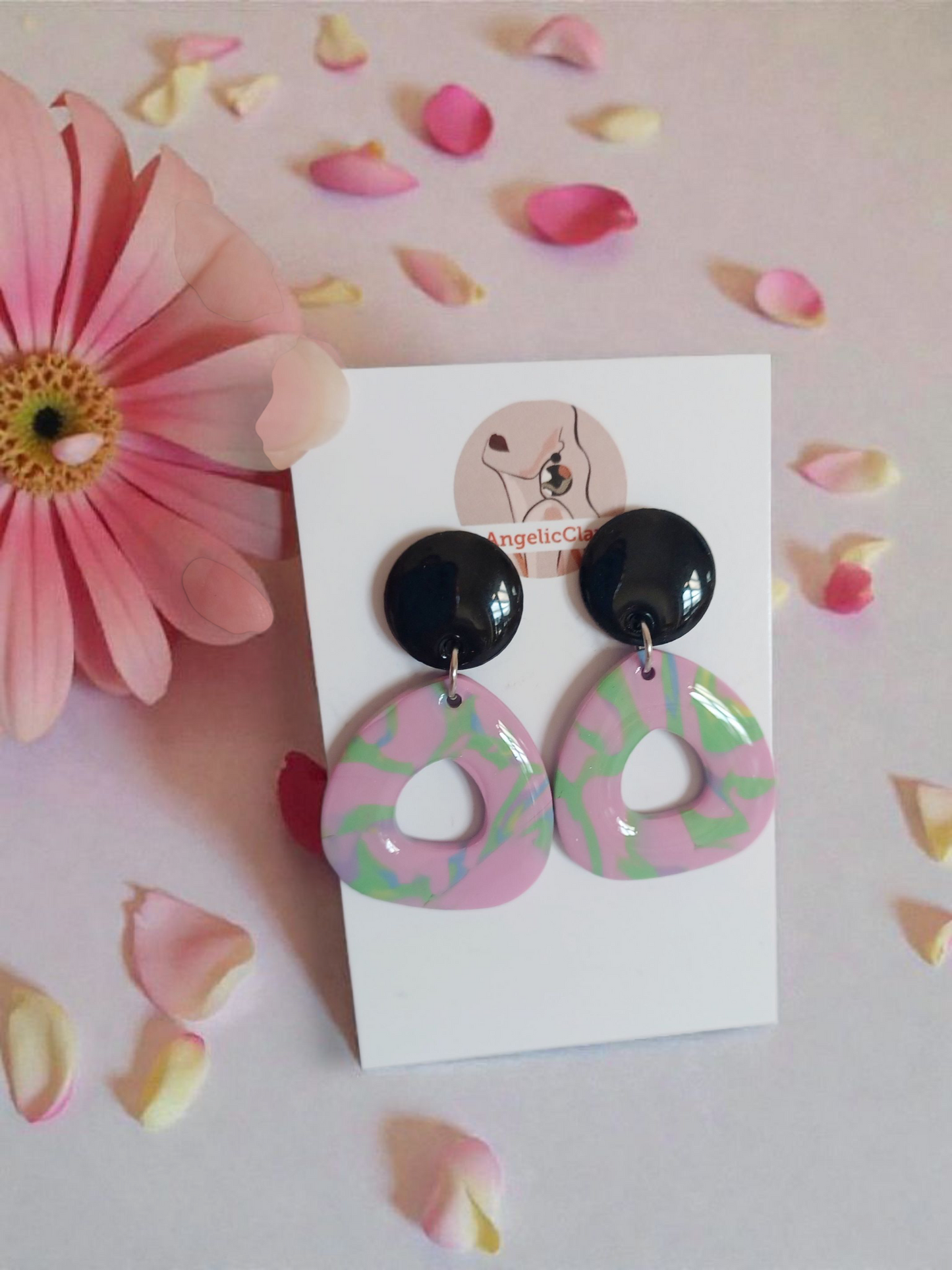 Handmade Polymer Clay Earrings | Black & Pink-Green Marbled Teardrop Dangles | Resin Coated | Irish Jewelry