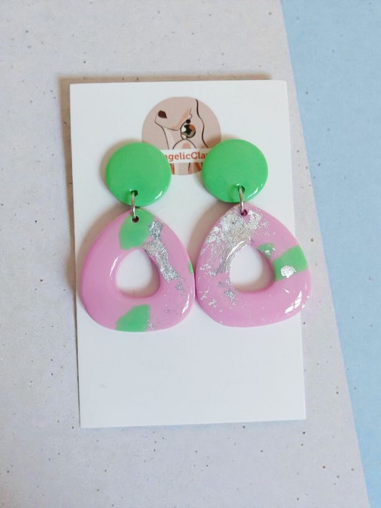 Handmade Green & Pink Polymer Clay Earrings | Silver Foil Resin Dangles | Irish Artisan Jewelry