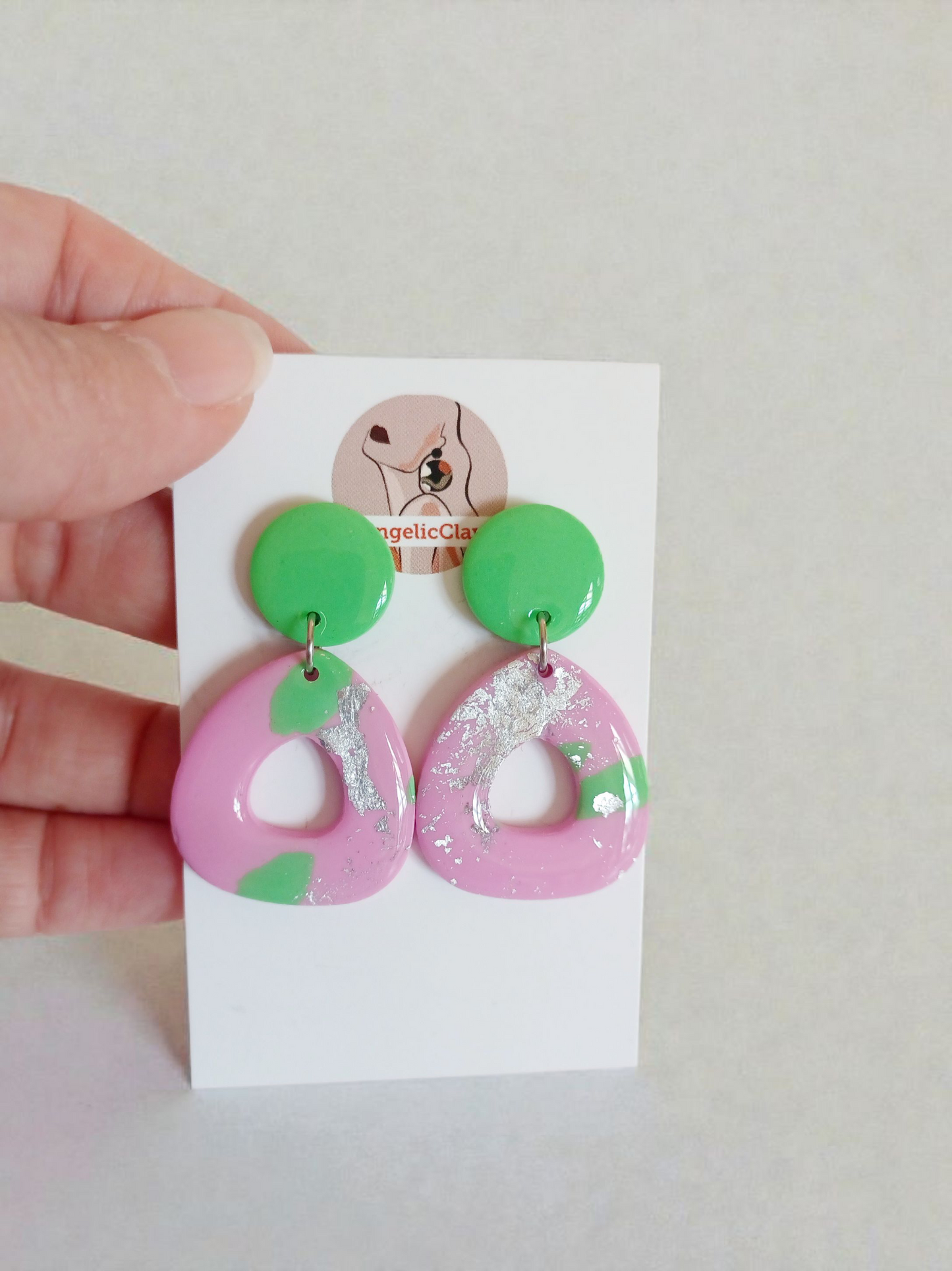 Handmade Green & Pink Polymer Clay Earrings | Silver Foil Resin Dangles | Irish Artisan Jewelry
