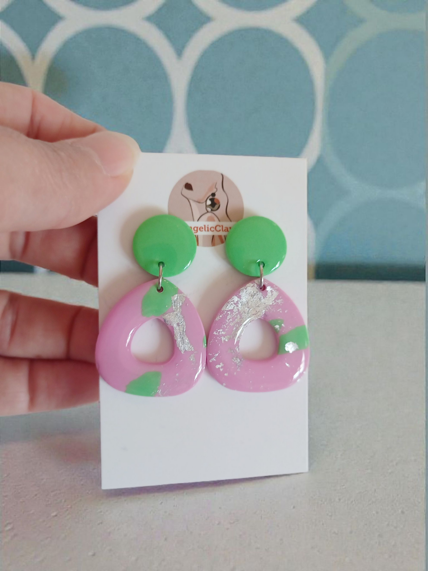 Handmade Green & Pink Polymer Clay Earrings | Silver Foil Resin Dangles | Irish Artisan Jewelry