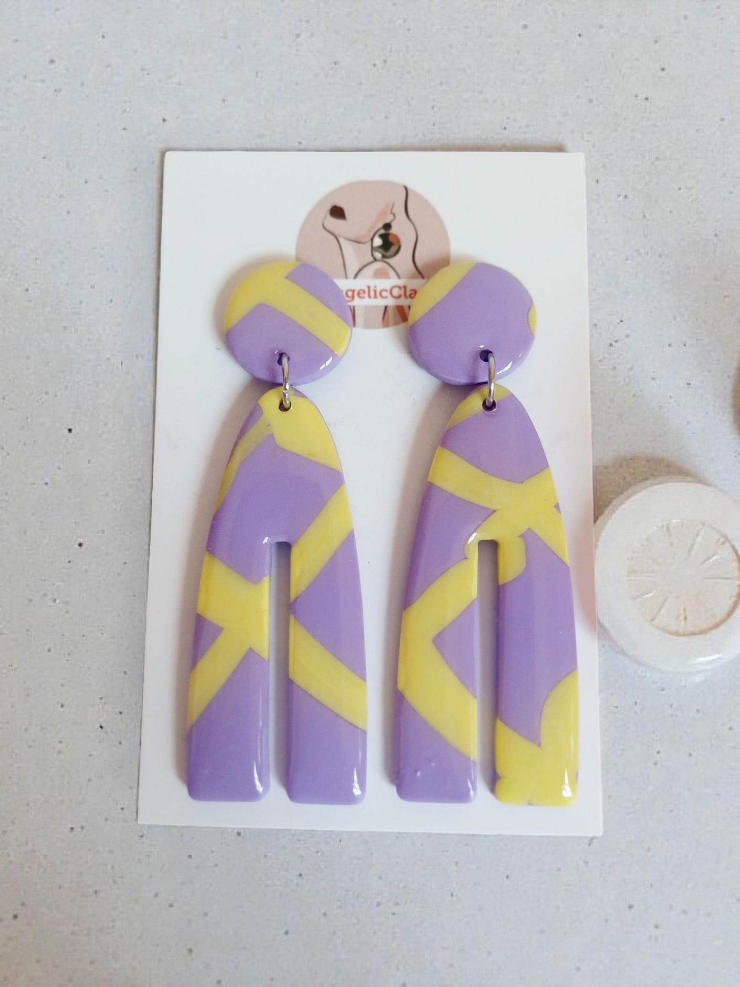 Handmade Lilac & Yellow Polymer Clay Earrings | Resin Coated Geometric Dangles | Irish Artisan Jewelry