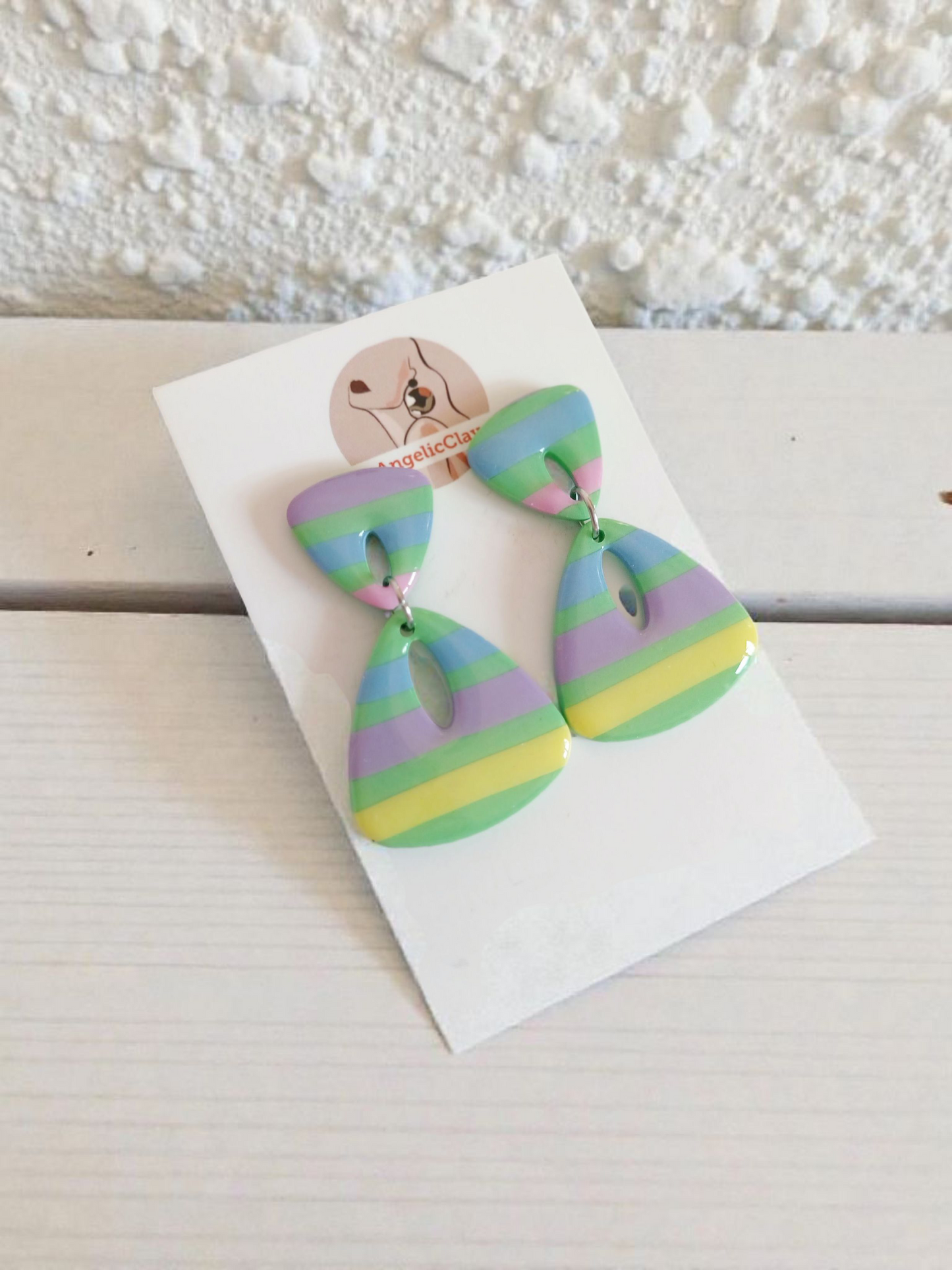 Handmade Multicolour Striped Earrings | Polymer Clay Retro Dangles | Resin Gloss Finish