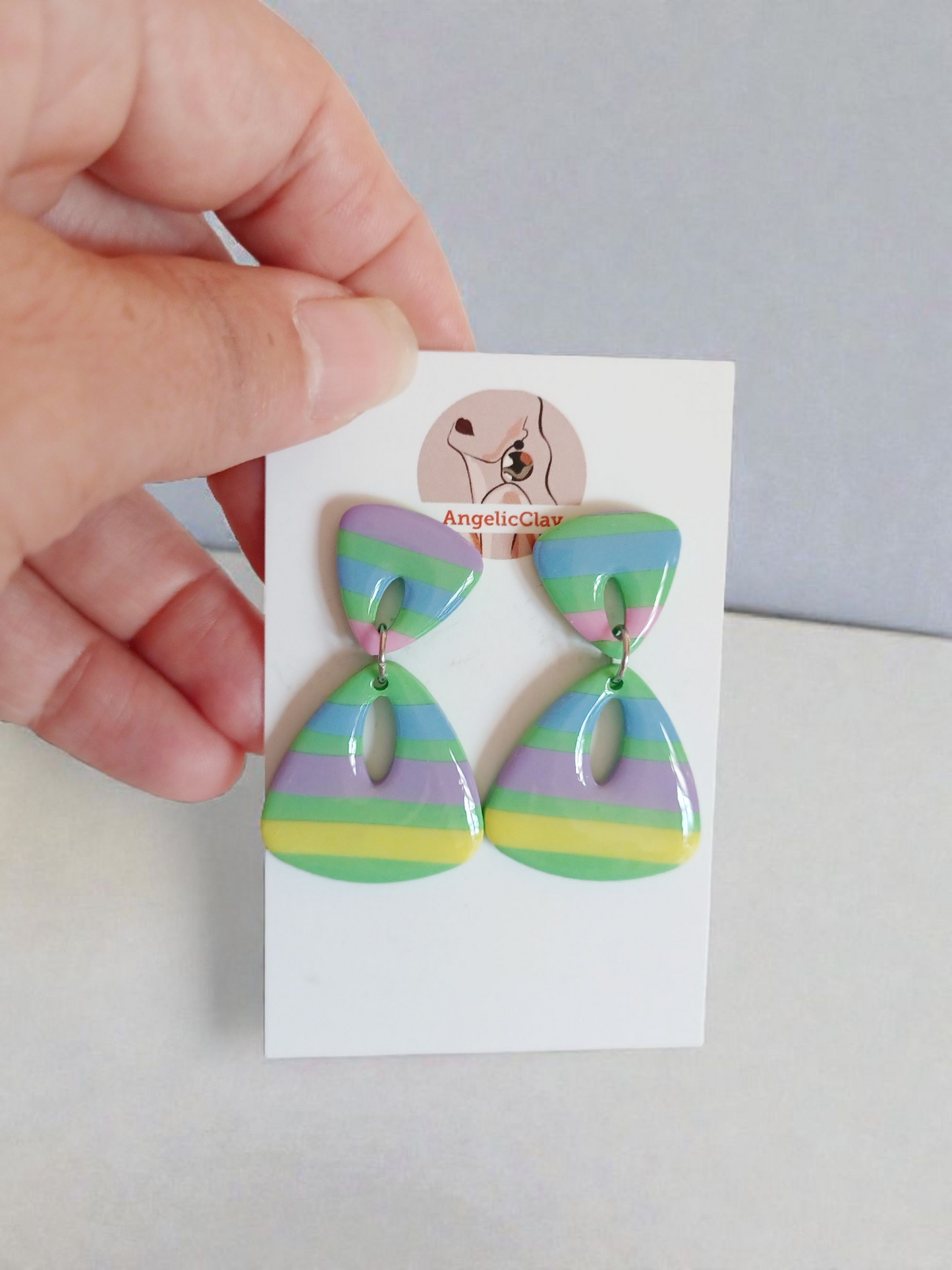 Handmade Multicolour Striped Earrings | Polymer Clay Retro Dangles | Resin Gloss Finish
