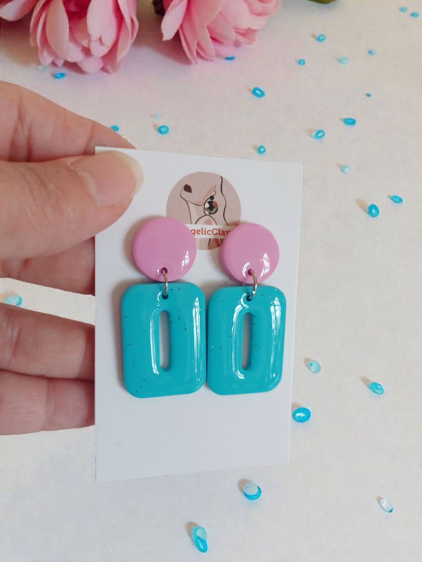 Handmade Pink & Turquoise Polymer Clay Earrings | Resin Coated Modern Dangles | Irish Jewelry