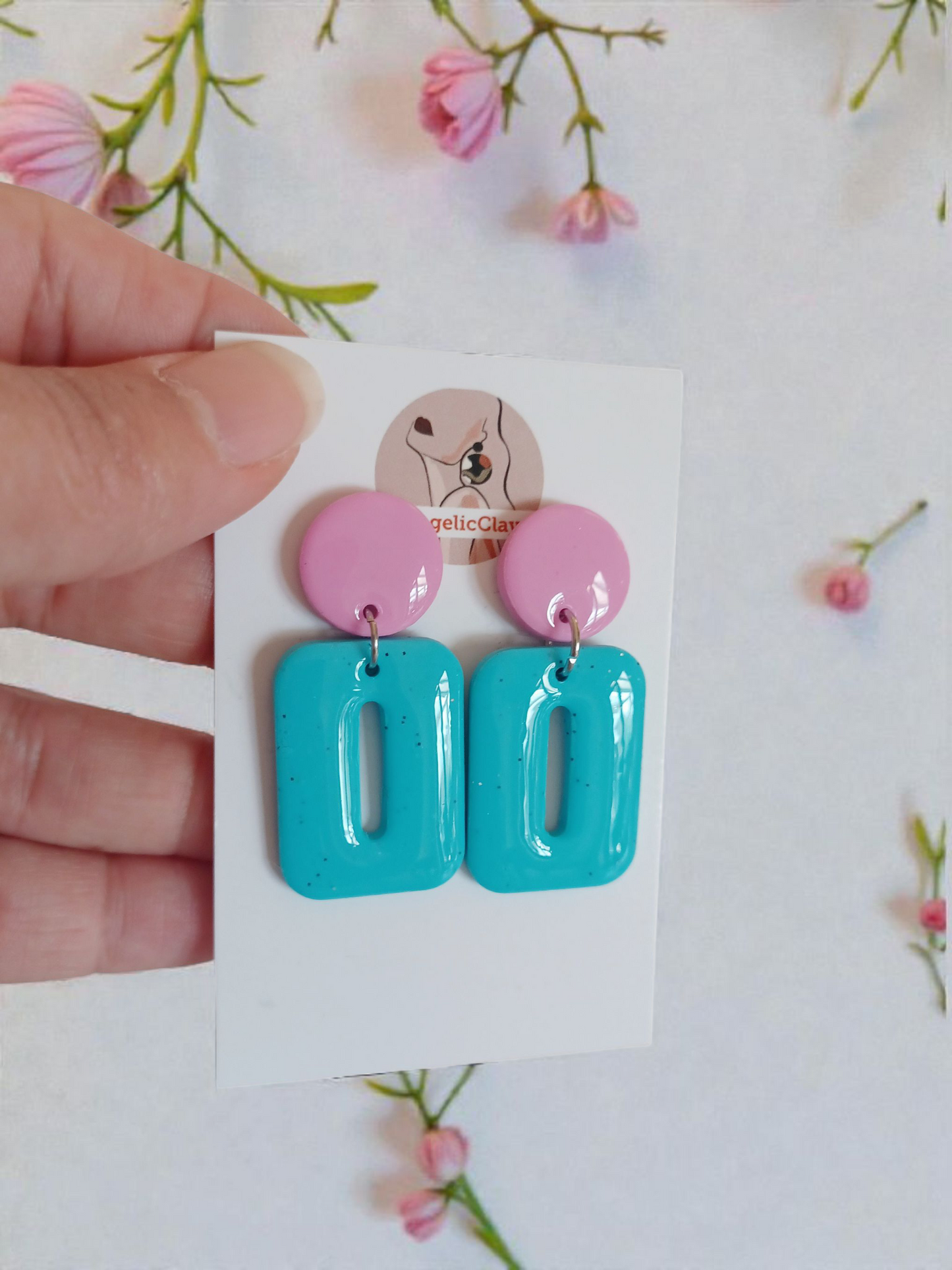 Handmade Pink & Turquoise Polymer Clay Earrings | Resin Coated Modern Dangles | Irish Jewelry