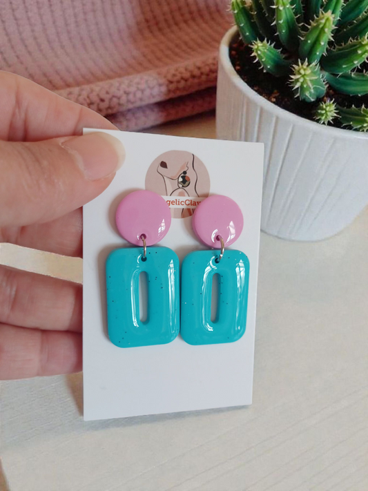 Handmade Pink & Turquoise Polymer Clay Earrings | Resin Coated Modern Dangles | Irish Jewelry