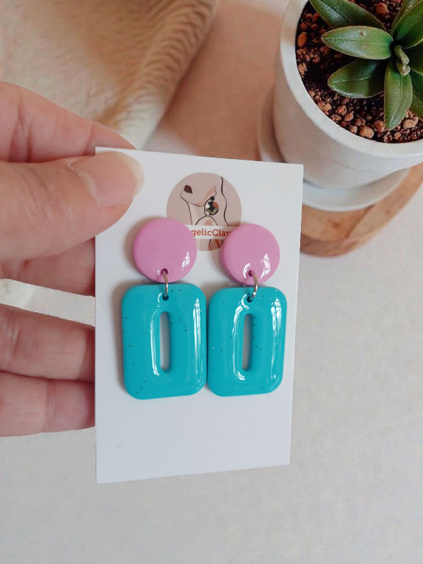 Handmade Pink & Turquoise Polymer Clay Earrings | Resin Coated Modern Dangles | Irish Jewelry