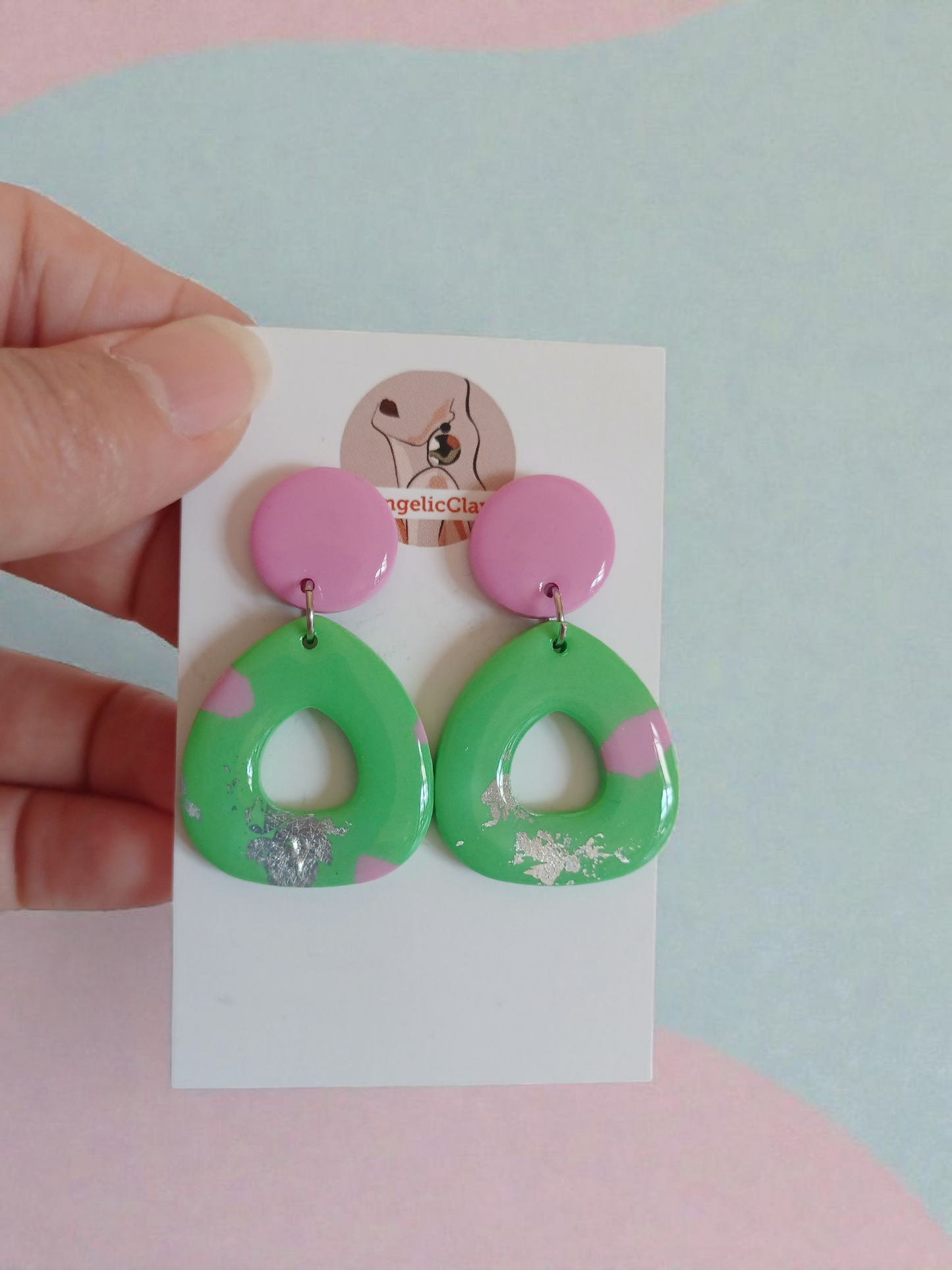 Handmade Pink & Green Polymer Clay Earrings | Silver Foil Resin Dangles | Pastel Statement Jewelry