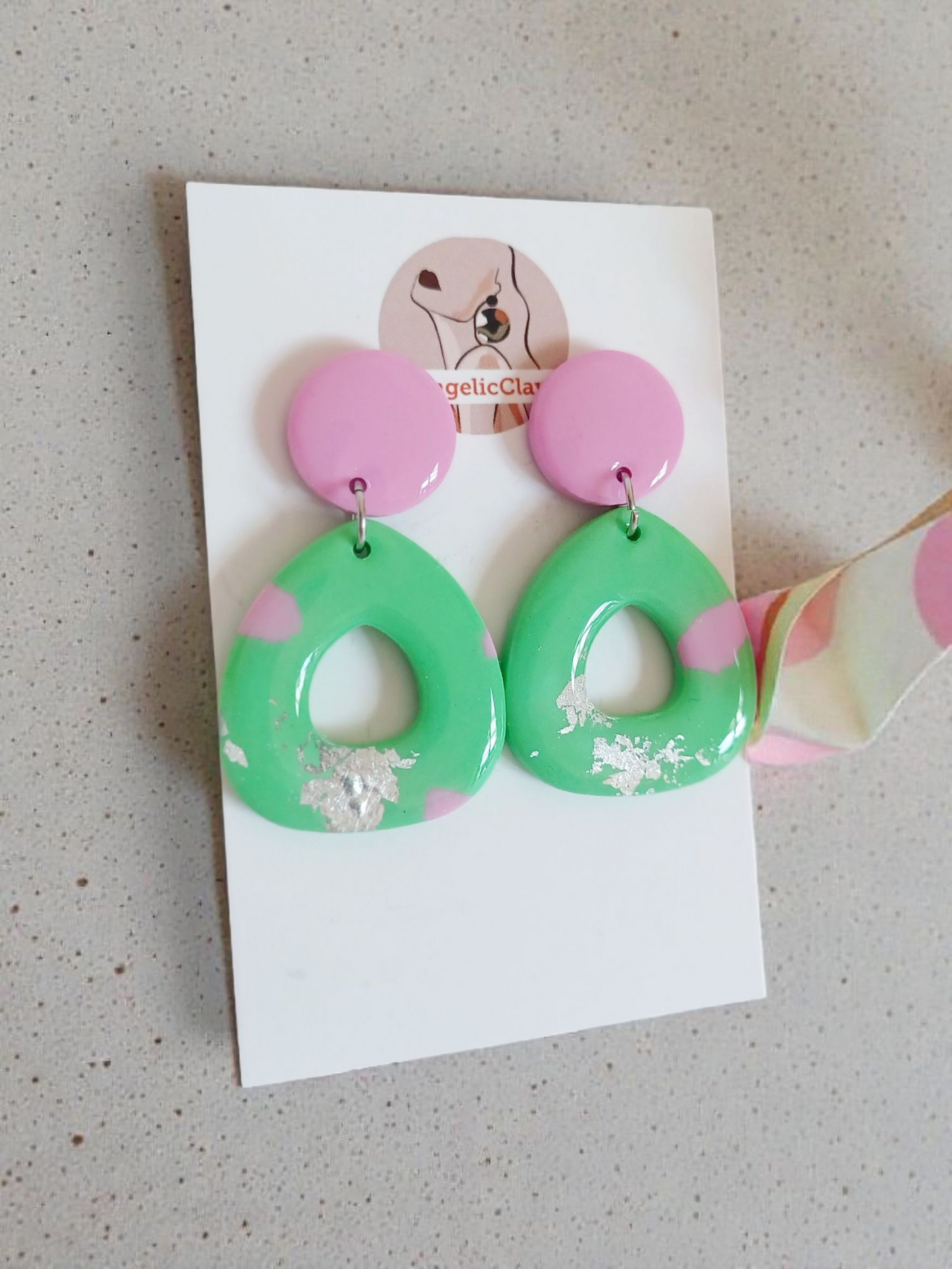 Handmade Pink & Green Polymer Clay Earrings | Silver Foil Resin Dangles | Pastel Statement Jewelry