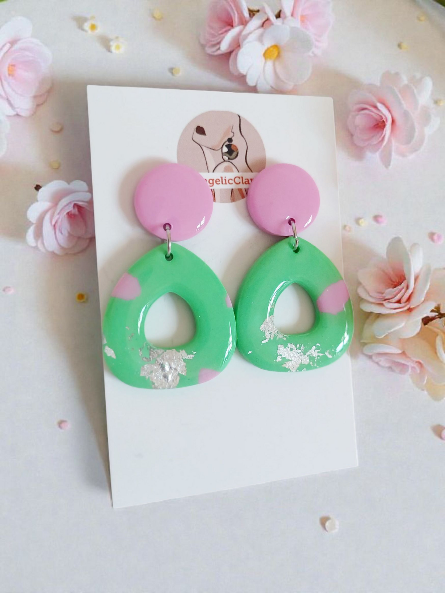 Handmade Pink & Green Polymer Clay Earrings | Silver Foil Resin Dangles | Pastel Statement Jewelry