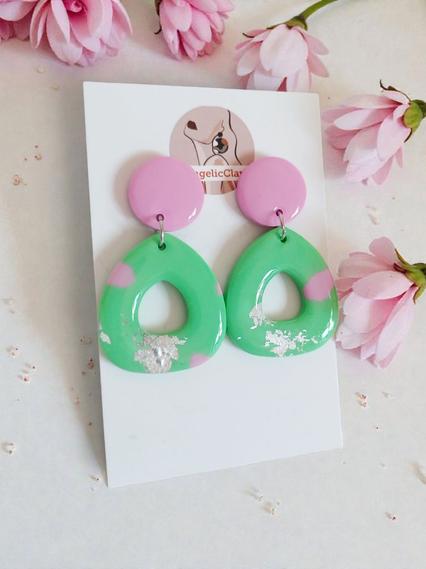 Handmade Pink & Green Polymer Clay Earrings | Silver Foil Resin Dangles | Pastel Statement Jewelry