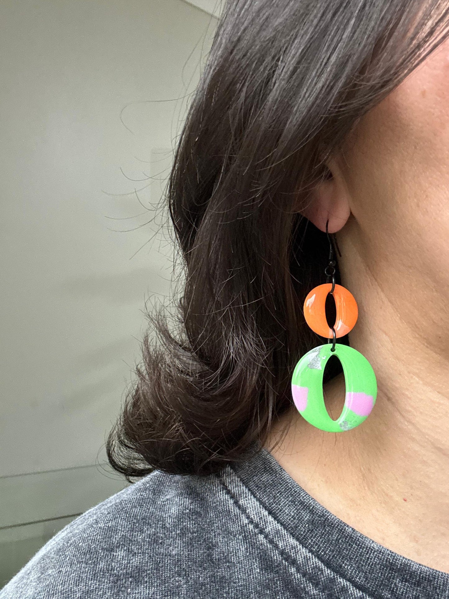 Orange & Mint Polymer Clay Earrings – Silver Leaf, Lightweight Statement, Handmade Resin-Coated Earrings