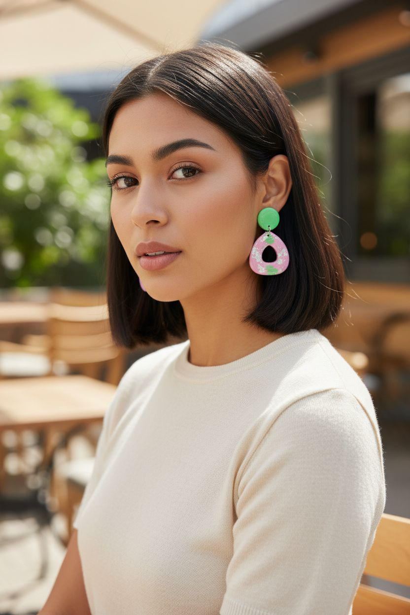 Handmade Green & Pink Polymer Clay Earrings | Silver Foil Resin Dangles | Irish Artisan Jewelry