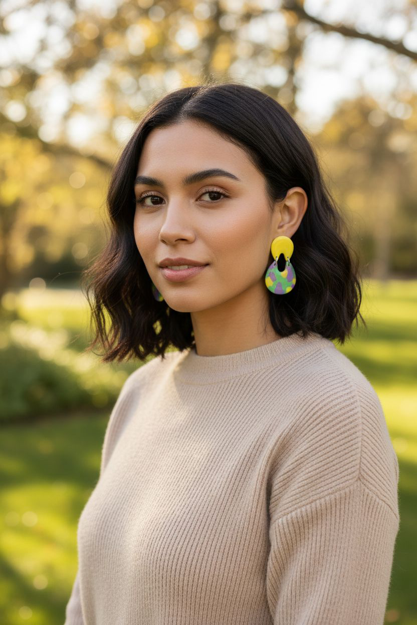 Handmade Polymer Clay Earrings | Yellow Pastel Marbled Oval