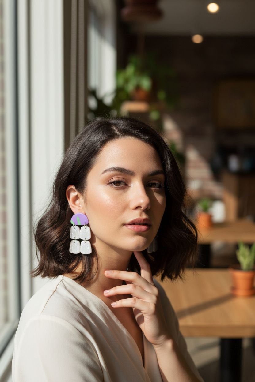 Handmade Polymer Clay Earrings | Purple Green White Multi Drop Statement Dangles | Resin Coated