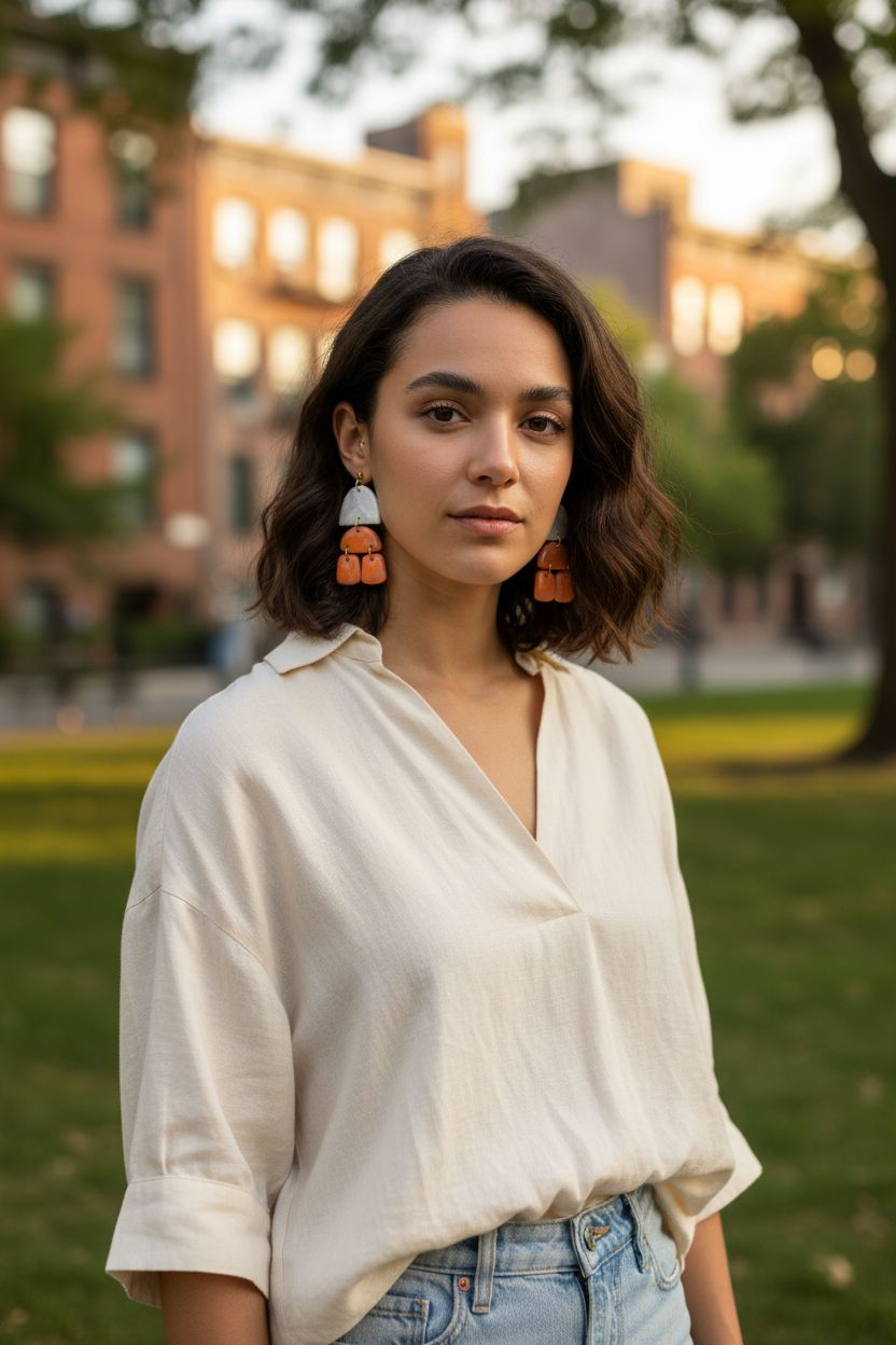 Handmade Polymer Clay Earrings | White Silver Texture & Orange Marbled Multi Drops | Resin Statement Jewelry
